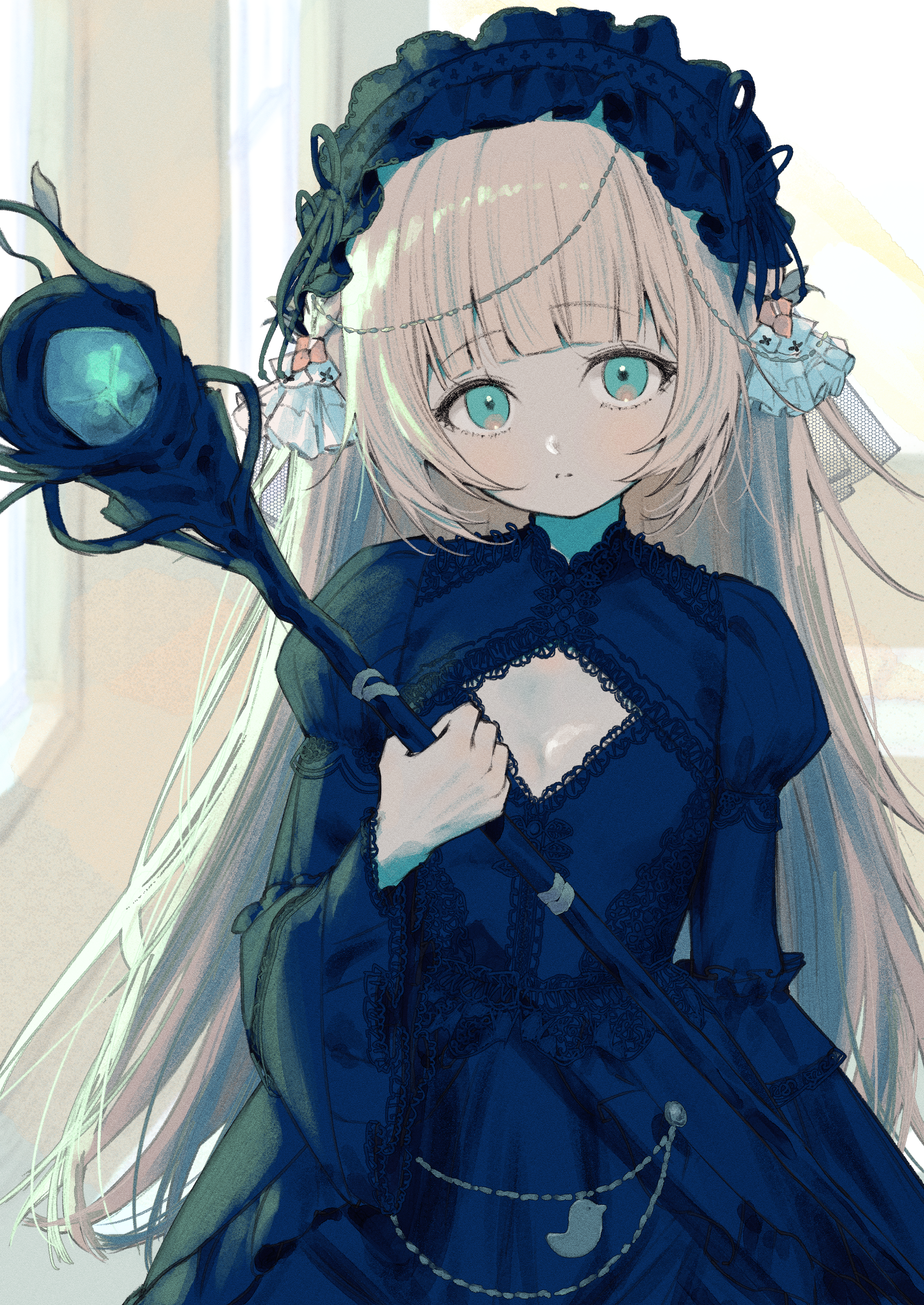 hikap, mementomori (game), absurdres, commentary request, highres, 1girl, black dress, black hairband, blonde hair, blue eyes, breasts, cleavage, cleavage cutout, closed mouth, clothing cutout, dress, frilled hairband, frills, gothic lolita, hairband, holding, holding staff, layered sleeves, lolita fashion, long hair, long sleeves, looking at viewer, puffy short sleeves, puffy sleeves, short over long sleeves, short sleeves, small breasts, solo, staff, tillie (mementomori), very long hair, wide sleeves