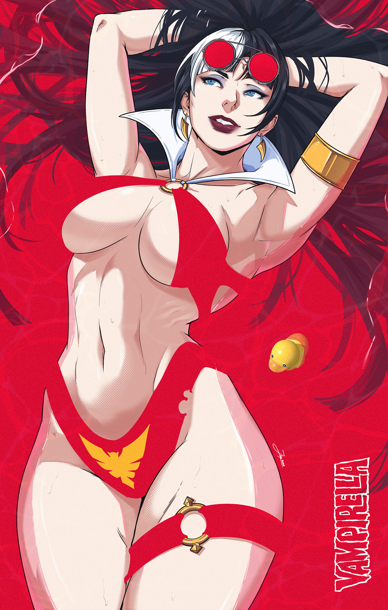 jhony caballero, vampirella (character), vampirella, gold armlet, commentary, highres, 1girl, ambiguous red liquid, armlet, arms behind head, black hair, blue eyes, blunt bangs, breasts, character name, cleavage, copyright logo, earrings, eyeshadow, eyewear on head, floating hair, grin, jewelry, large breasts, logo, long hair, looking to the side, lying, makeup, midriff, multicolored hair, navel, o-ring, o-ring swimsuit, o-ring thigh strap, on back, opaque sunglasses, purple eyeshadow, red-tinted eyewear, red background, red lips, red slingshot swimsuit, rubber duck, sideboob, slingshot swimsuit, smile, solo, sunglasses, swimsuit, thigh strap, tinted eyewear, vampire, wet, white hair
