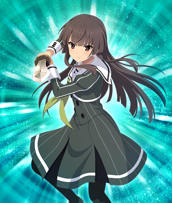 juujou hiyori, toji no miko, toji no miko: kizamishi issen no tomoshibi, game cg, official art, third-party source, 1girl, aqua background, black pantyhose, blunt ends, blush, buttons, closed mouth, dot nose, dress, feet out of frame, fighting stance, glint, green dress, green neckerchief, heijou institute school uniform, holding, holding sword, holding weapon, incoming attack, katana, long hair, long sleeves, looking at viewer, neckerchief, pantyhose, pinstripe dress, pinstripe pattern, red eyes, sailor collar, school uniform, serious, sidelocks, solo, striped clothes, striped dress, sunburst, sunburst background, sword, two-handed, vertical-striped clothes, vertical-striped dress, weapon, white sailor collar