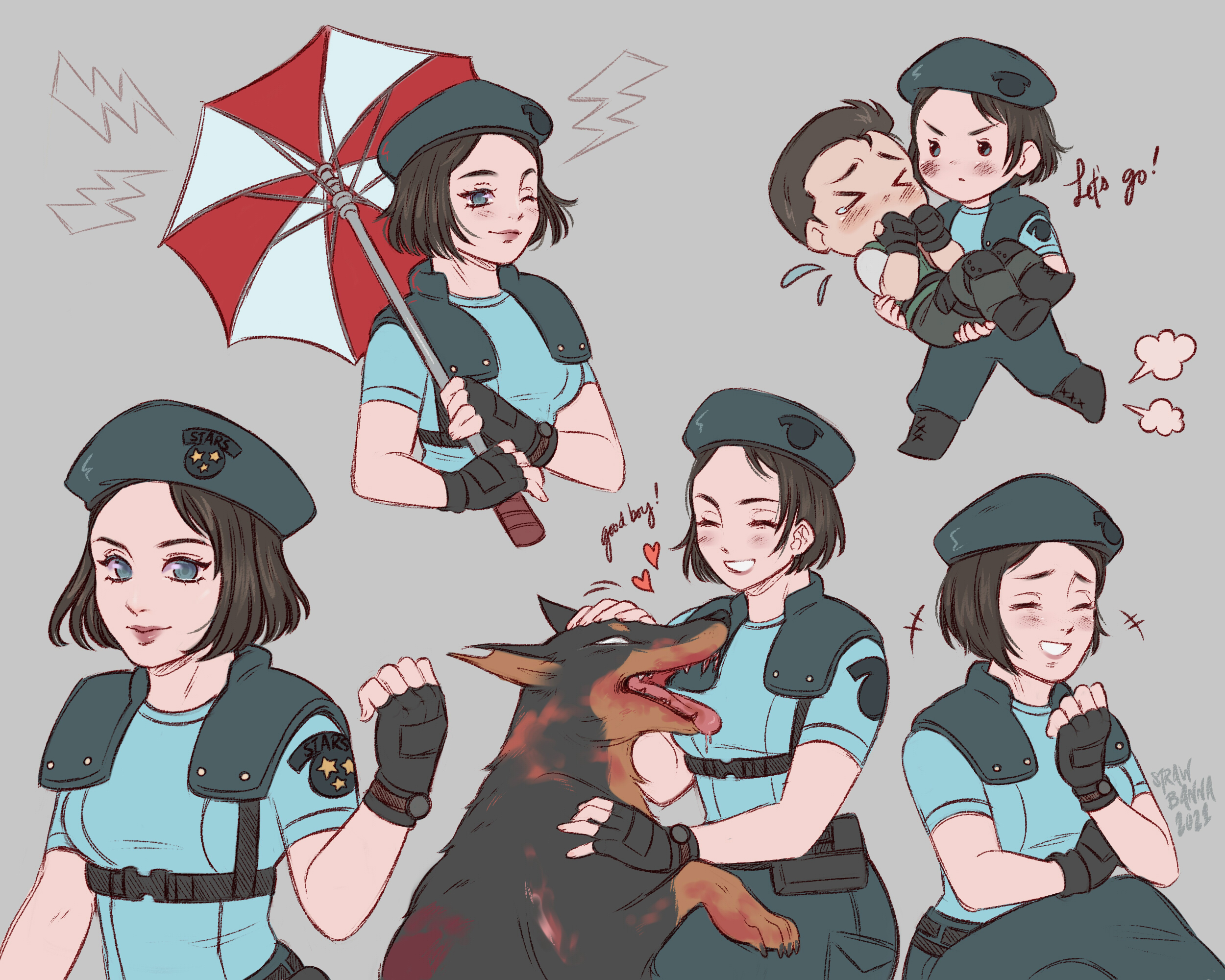 strawbanna, chris redfield, jill valentine, resident evil, resident evil 1, commentary request, highres, 1boy, 1girl, artist name, beret, black gloves, blood, blue eyes, blue hat, blue shirt, brown hair, carrying, closed eyes, dog, fingerless gloves, gloves, grey background, hat, heart, holding, holding umbrella, one eye closed, princess carry, shirt, shoulder pads, signature, simple background, smile, umbrella, zombie dog