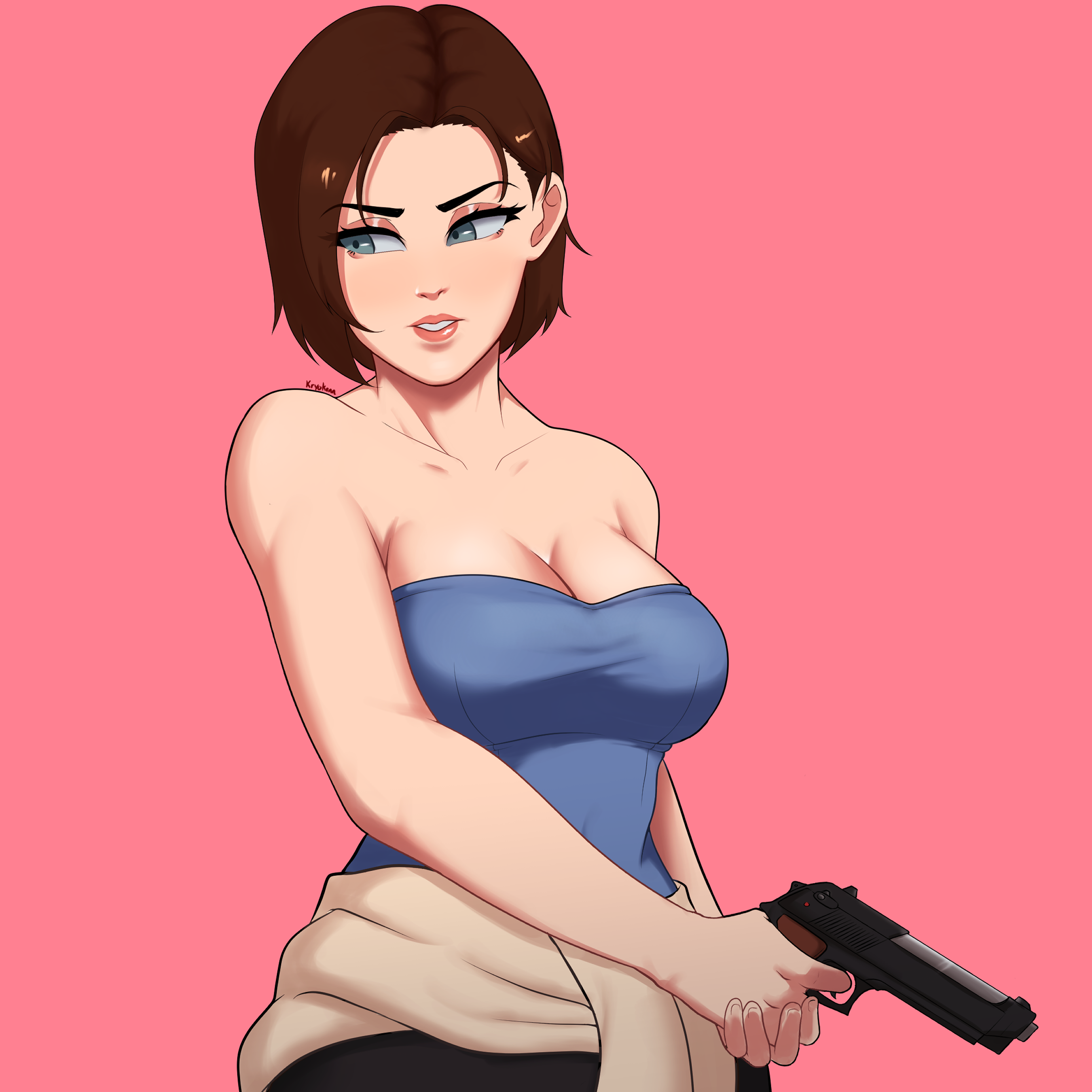 kryokenn, jill valentine, resident evil, resident evil 3: nemesis, absurdres, highres, 1girl, bare shoulders, blue eyes, blue tube top, breasts, brown hair, cleavage, clothes around waist, gun, handgun, holding, holding gun, holding weapon, parted lips, pink background, short hair, simple background, strapless, sweater, sweater around waist, tube top, weapon
