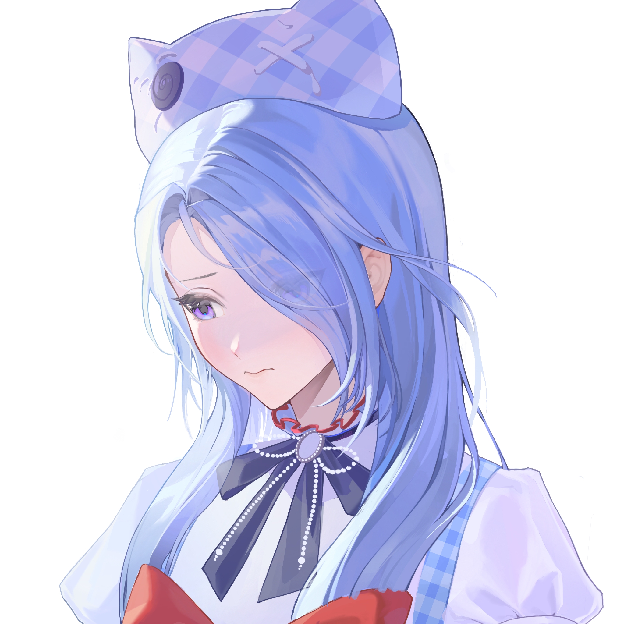 stylist (nikki), infinity nikki, nikki (series), commentary request, highres, 1girl, animal ear headwear, animal ears, beads, beanie, black bow, black bowtie, blue hair, bow, bowtie, brooch, cat ears, closed mouth, collared shirt, dot nose, eyelashes, fake animal ears, frilled shirt collar, frills, hair over one eye, hair over shoulder, hat, jewelry, light blush, lips, long hair, looking ahead, nervous, plaid hat, puffy short sleeves, puffy sleeves, purple eyes, purple hat, red bow, red bowtie, shirt, short sleeves, shuangjiaoyidianfaxianshiqingbingbujiandan, simple background, solo, upper body, wavy mouth, white background, white shirt