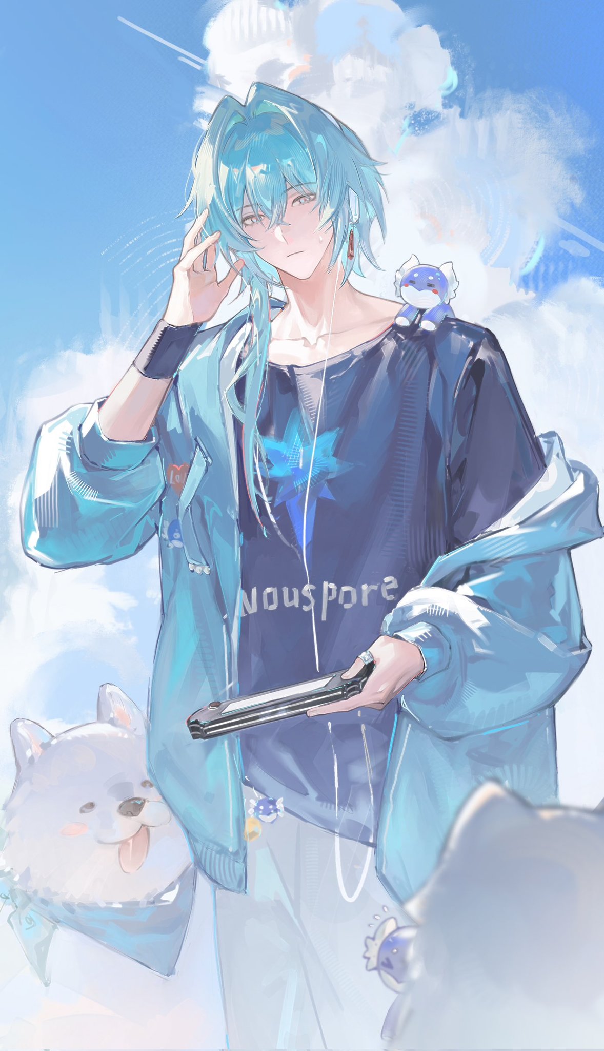 hsgbjisuw, anaxa (honkai: star rail), honkai: star rail, honkai (series), hashtag-only commentary, highres, 1boy, black shirt, blue hair, blue hoodie, blue sky, closed mouth, cloud, collarbone, dog, earphones, grey pants, hair between eyes, holding, hood, hoodie, looking at viewer, male focus, off shoulder, pants, shirt, short hair with long locks, sky, solo, standing, white dog, wristband