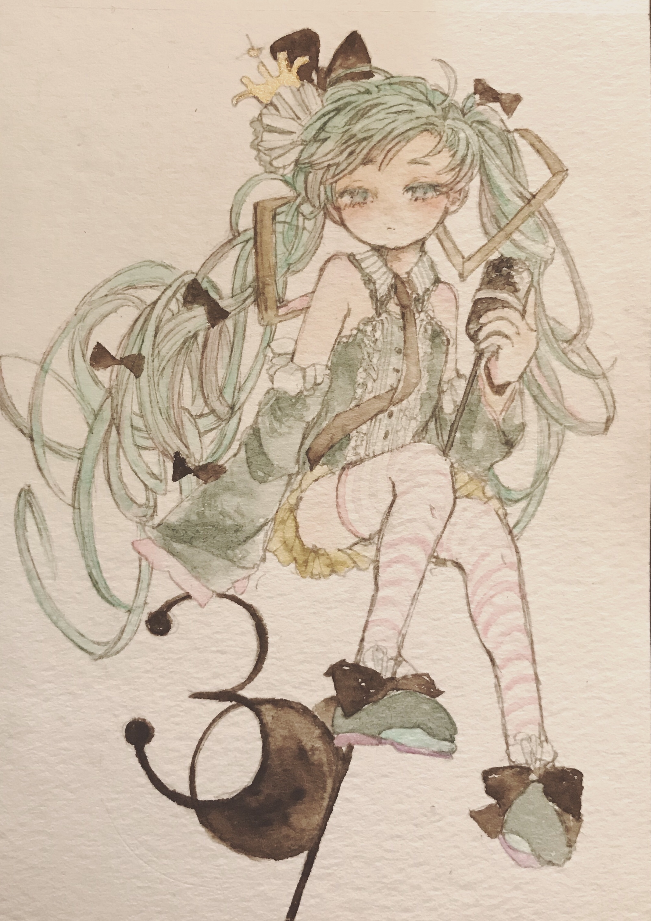 karintoun, hatsune miku, vocaloid, absurdres, acrylic paint (medium), commentary request, highres, painting (medium), traditional media, watercolor (medium), 1girl, blunt bangs, blush, bow, closed mouth, crown, dress, expressionless, fantasy, frills, full body, green hair, hair bow, holding, holding microphone, long hair, looking at viewer, microphone, miku day, pastel colors, ribbon, shoes, simple background, sitting, striped clothes, striped thighhighs, thighhighs, twintails