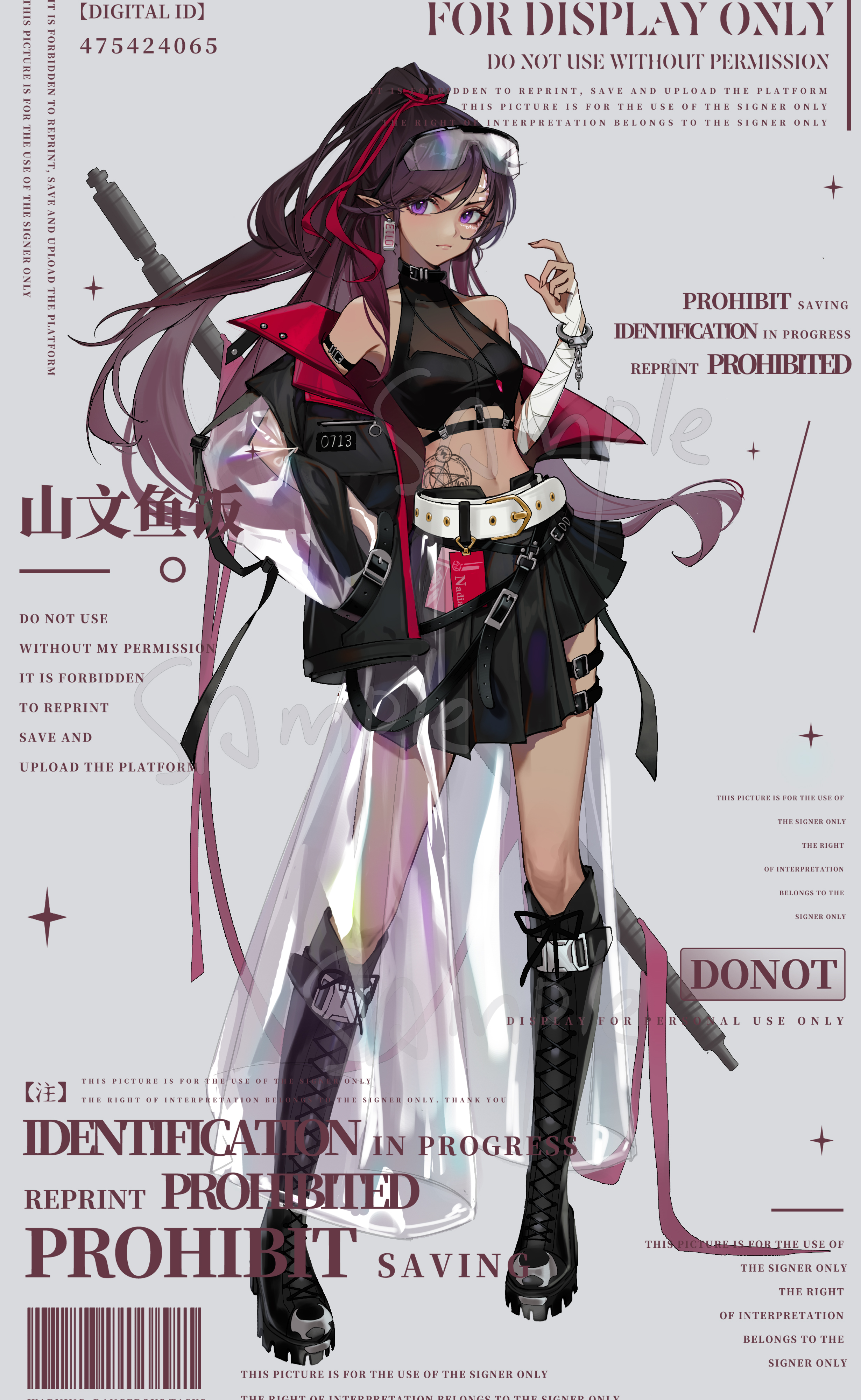 shanwenyufan, original, absurdres, commission, highres, 1girl, bandaged arm, bandages, barcode, bare shoulders, belt, belt buckle, belt collar, black-framed eyewear, black belt, black boots, black jacket, black ribbon, black shirt, black skirt, boots, breasts, brown hair, buckle, chain, closed mouth, collar, collared jacket, crop top, cuffs, dark-skinned female, dark skin, earrings, expressionless, eyelashes, footwear ribbon, frown, full body, goggles, goggles on head, gold buckle, grey background, hair between eyes, hair ribbon, halter shirt, halterneck, hand on own hip, hand up, high ponytail, jacket, jacket partially removed, jewelry, knee boots, lace-up boots, lapels, layered skirt, long hair, long skirt, long sleeves, looking at viewer, midriff, miniskirt, multiple belts, navel, notched lapels, pentagram, pentagram tattoo, platform boots, pleated skirt, pointy ears, ponytail, purple eyes, red jacket, red ribbon, ribbon, sample watermark, see-through clothes, see-through shirt, see-through skirt, see-through sleeves, shackles, shirt, shoe belt, simple background, skirt, sleeves past fingers, sleeves past wrists, small breasts, solo, sparkle, standing, stomach tattoo, studded belt, tattoo, thigh belt, thigh strap, too many watermarks, two-sided fabric, two-sided jacket, very long hair, watermark, white belt