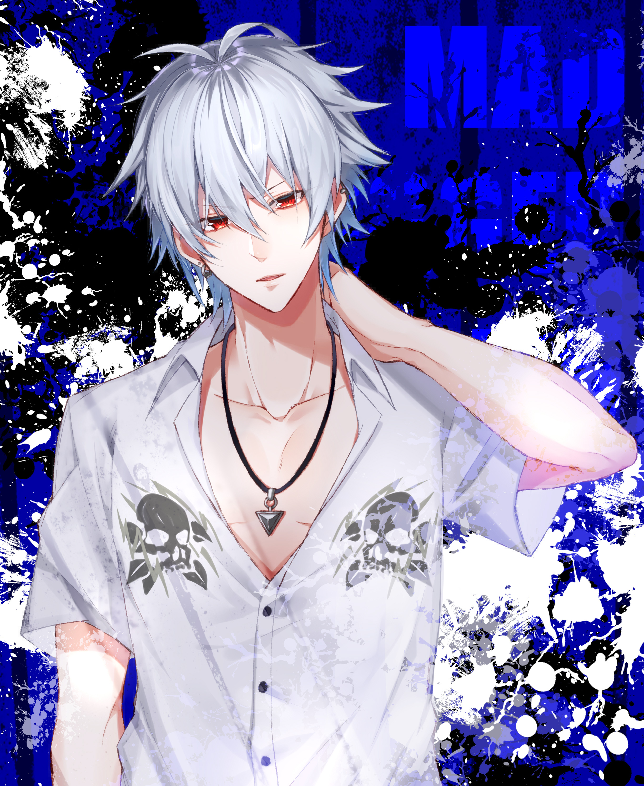 cocosuke, aohitsugi samatoki, hypnosis mic, absurdres, commentary request, highres, 1boy, antenna hair, arm at side, arm behind head, blue background, captive bead ring, choppy bangs, collarbone, collared shirt, ear piercing, earrings, group name, hair between eyes, hand up, head tilt, hoop earrings, inkblot, jewelry, looking at viewer, male focus, mismatched eyebrows, multiple piercings, necklace, paint splatter, pale skin, parted lips, partially unbuttoned, pectoral cleavage, pectorals, piercing, red eyes, shirt, short hair, short sleeves, skull print, solo, straight-on, stud earrings, triangle necklace, upper body, v-shaped eyebrows, white hair, white shirt