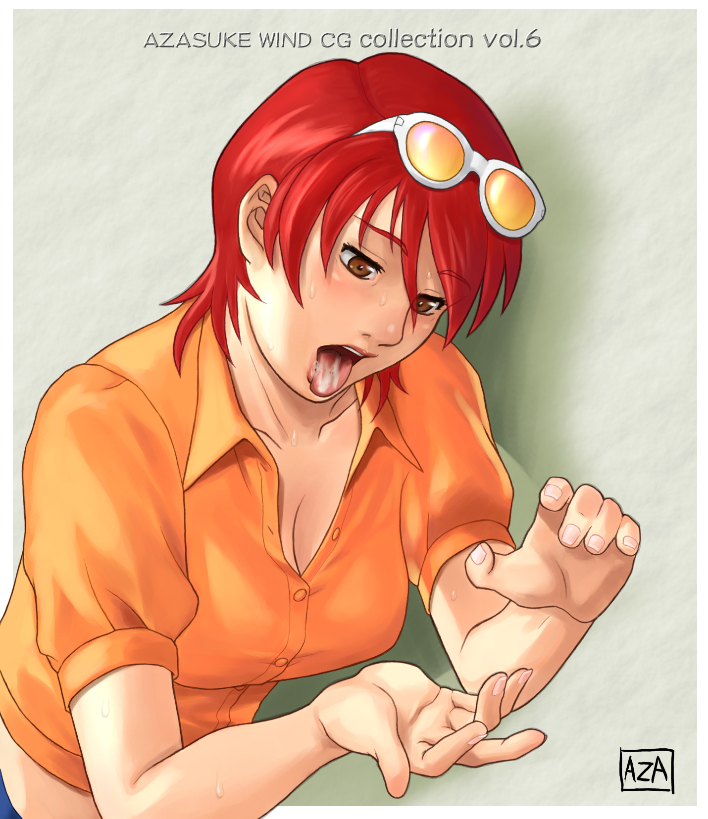 azasuke, emi sakuma, quiz nanairo dreams, highres, eyewear on head, glasses, open mouth, red hair, tongue