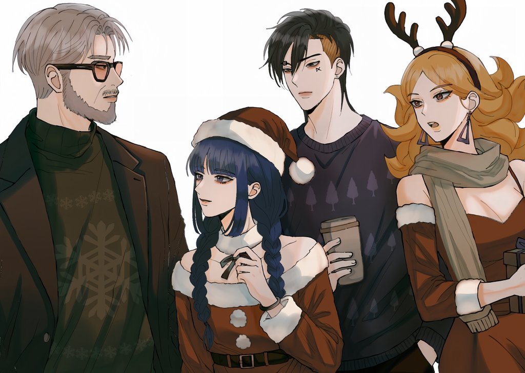 delta (boruto), kakei sumire, kawaki (boruto), sanzu amado, boruto: two blue vortex, naruto (series), 2boys, 2girls, beard, black hair, black jacket, black sweater, blonde hair, blue eyes, blue hair, braid, breasts, brown hairband, christmas sweater, cleavage, cup, detached collar, detached sleeves, disposable coffee cup, disposable cup, dress, earrings, eyebrow piercing, face piercing, facial hair, facial tattoo, fake antlers, frown, grey hair, grey scarf, hairband, hat, holding, holding cup, ifevilwhyuhot, jacket, jewelry, large breasts, low twin braids, multicolored hair, multiple boys, multiple girls, off-shoulder dress, off shoulder, orange-tinted eyewear, piercing, red dress, santa costume, santa dress, santa hat, scarf, small breasts, smile, stud earrings, sunglasses, sweater, tattoo, tinted eyewear, triangle earrings, twin braids, two-tone hair, undercut