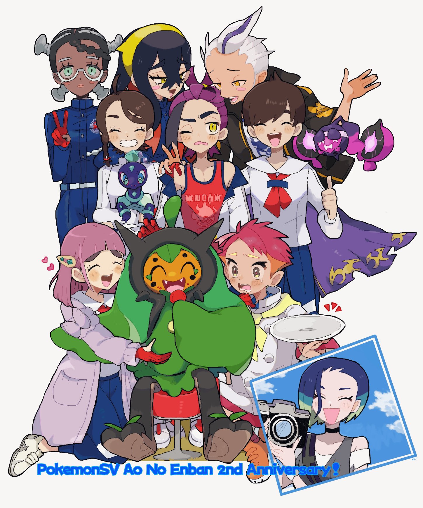 konoooc, amarys (pokemon), carmine (pokemon), crispin (pokemon), drayton (pokemon), juliana (pokemon), kieran (pokemon), lacey (pokemon), ogerpon, pecharunt, perrin (pokemon), terapagos, terapagos (normal), nintendo, pokemon, pokemon sv, commentary request, highres, 4boys, 5girls, ^ ^, black hair, blue jacket, blunt bangs, blush, brown hair, camera, closed eyes, closed mouth, crossed bangs, dark-skinned female, dark skin, eating, fangs, food, food on face, glasses, gloves, grey background, grin, hairband, hand on another's shoulder, heart, holding, holding camera, holding food, jacket, kneeling, long hair, long sleeves, multicolored hair, multiple boys, multiple girls, off shoulder, one eye closed, open mouth, orange hair, pants, partially fingerless gloves, pink hair, pokemon (creature), purple hair, red hair, red tank top, screw hair ornament, shoes, simple background, smile, stool, tank top, thumbs up, v, white hair, white jacket, white shoes, yellow eyes, yellow hairband