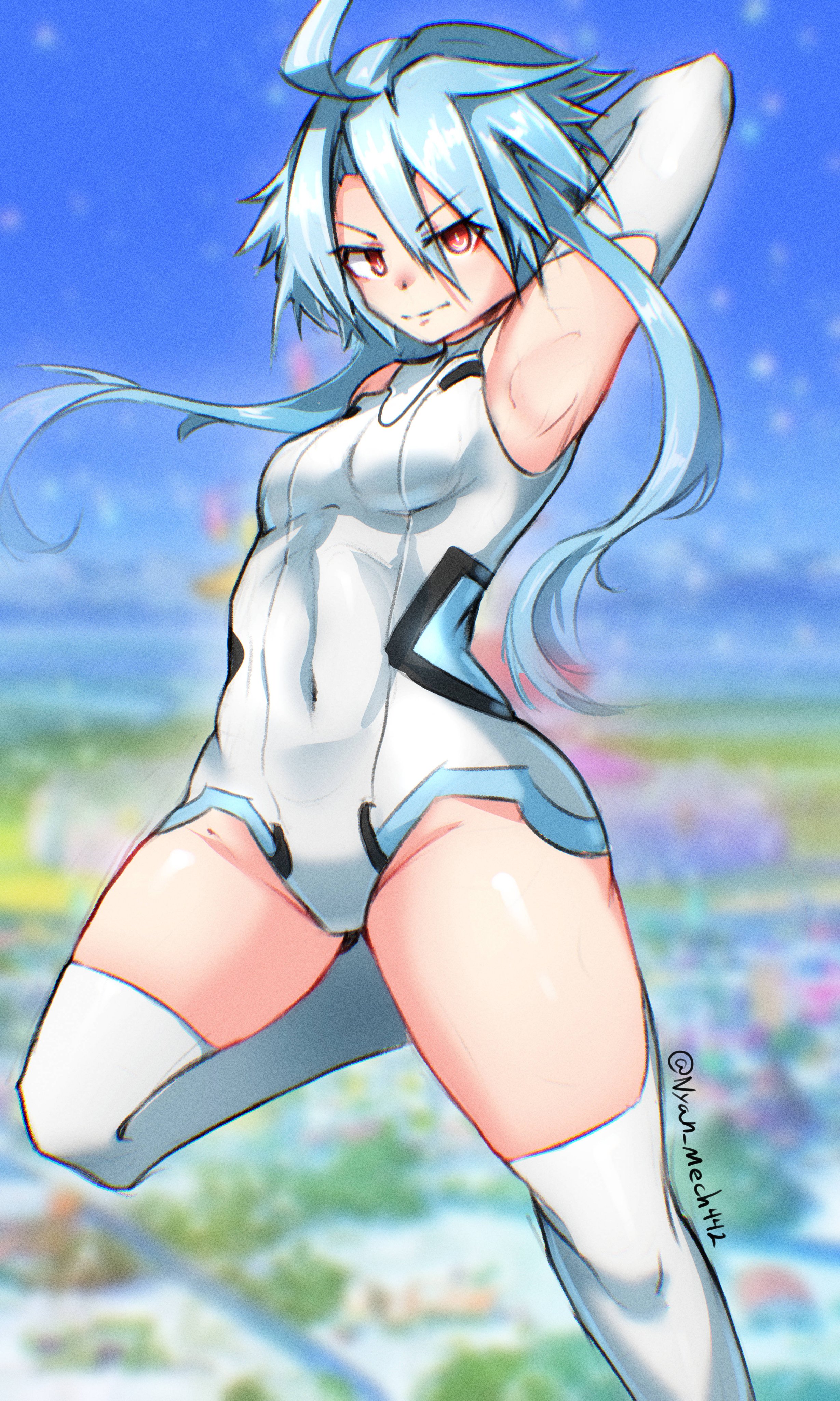 nyanmech, white heart (neptunia), neptune (series), absurdres, commentary, english commentary, highres, 1girl, arm behind head, armpits, blue hair, boots, breasts, elbow gloves, gloves, leg up, leotard, looking at viewer, power symbol, power symbol-shaped pupils, red eyes, short hair with long locks, small breasts, solo, symbol-shaped pupils, thigh boots, thighhighs, thighs, white gloves, white leotard, white thighhighs