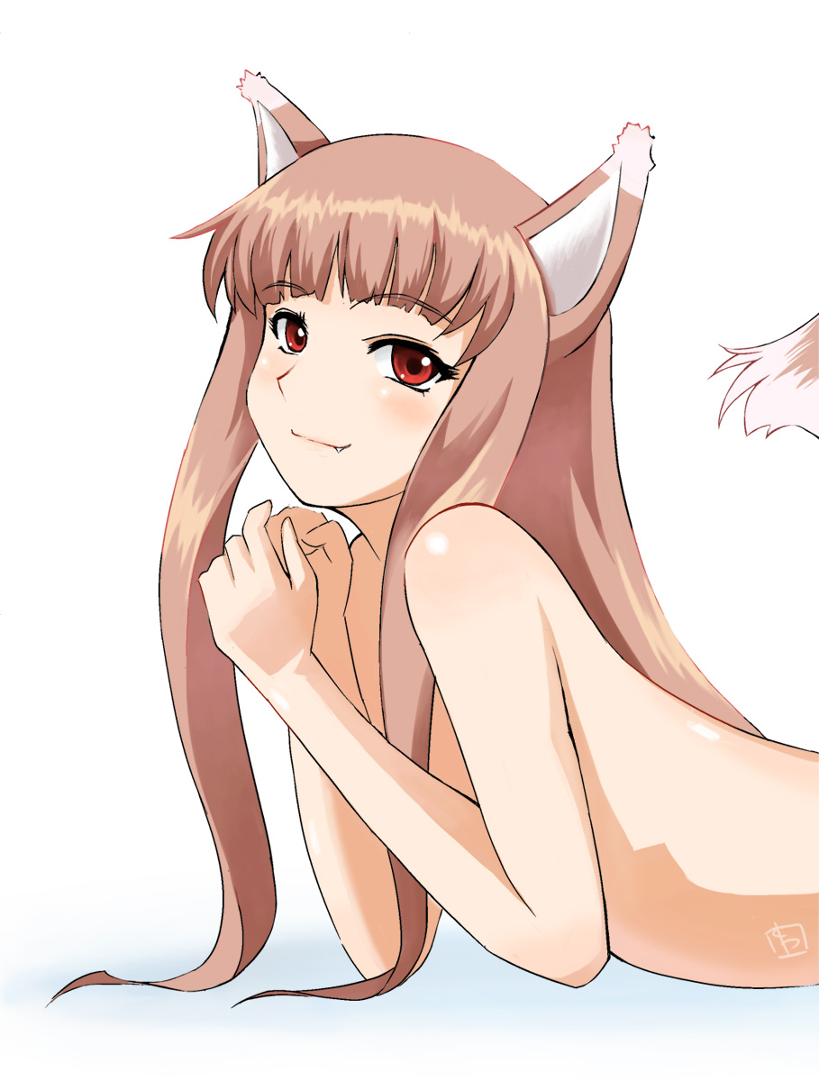 trackball (artist), holo, spice and wolf, highres, 00s, 1girl, animal ears, brown hair, fang, female focus, long hair, red eyes, solo, tail, topless frame, wolf ears, wolf tail