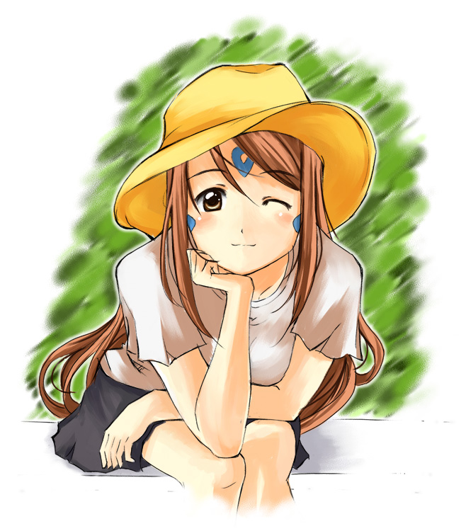 trackball (artist), skuld (aa megami-sama), aa megami-sama, 1girl, blush, brown eyes, brown hair, casual, facial mark, female focus, forehead mark, hat, head rest, long hair, one eye closed, sitting, skirt, solo, wink