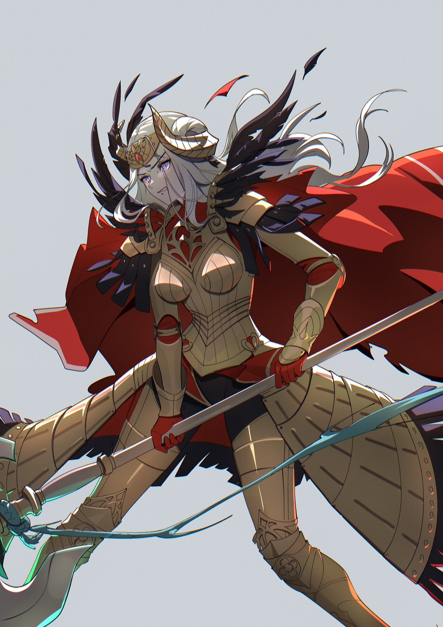 bikini boody, edelgard von hresvelg, edelgard von hresvelg (adrestian emperor), edelgard von hresvelg (timeskip), fire emblem, fire emblem: three houses, fire emblem heroes, nintendo, commentary, english commentary, highres, 1girl, armor, axe, battle axe, boobplate, breastplate, breasts, cape, clenched teeth, fake horns, feather trim, feathers, gloves, gold armor, hauteclere, headpiece, holding, holding axe, horned headwear, horned tiara, horns, long hair, medium breasts, official alternate costume, parted lips, purple eyes, red cape, simple background, solo, teeth, tiara, weapon, white hair