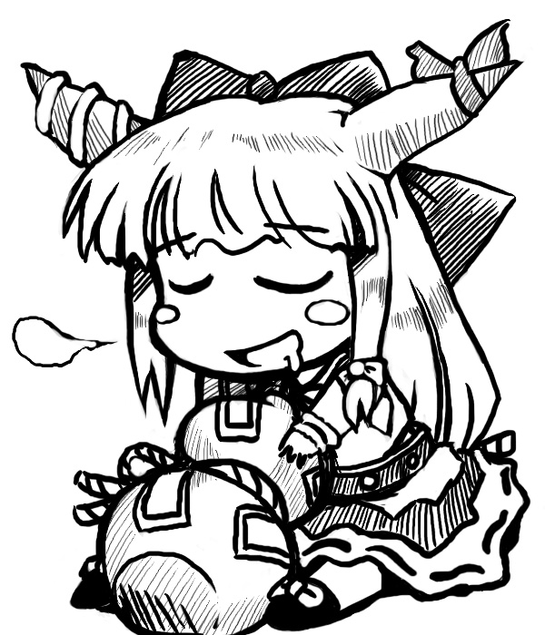 tachikawa, ibuki suika, touhou, 1girl, chibi, drunk, female focus, full body, greyscale, monochrome, simple background, sketch, solo, white background