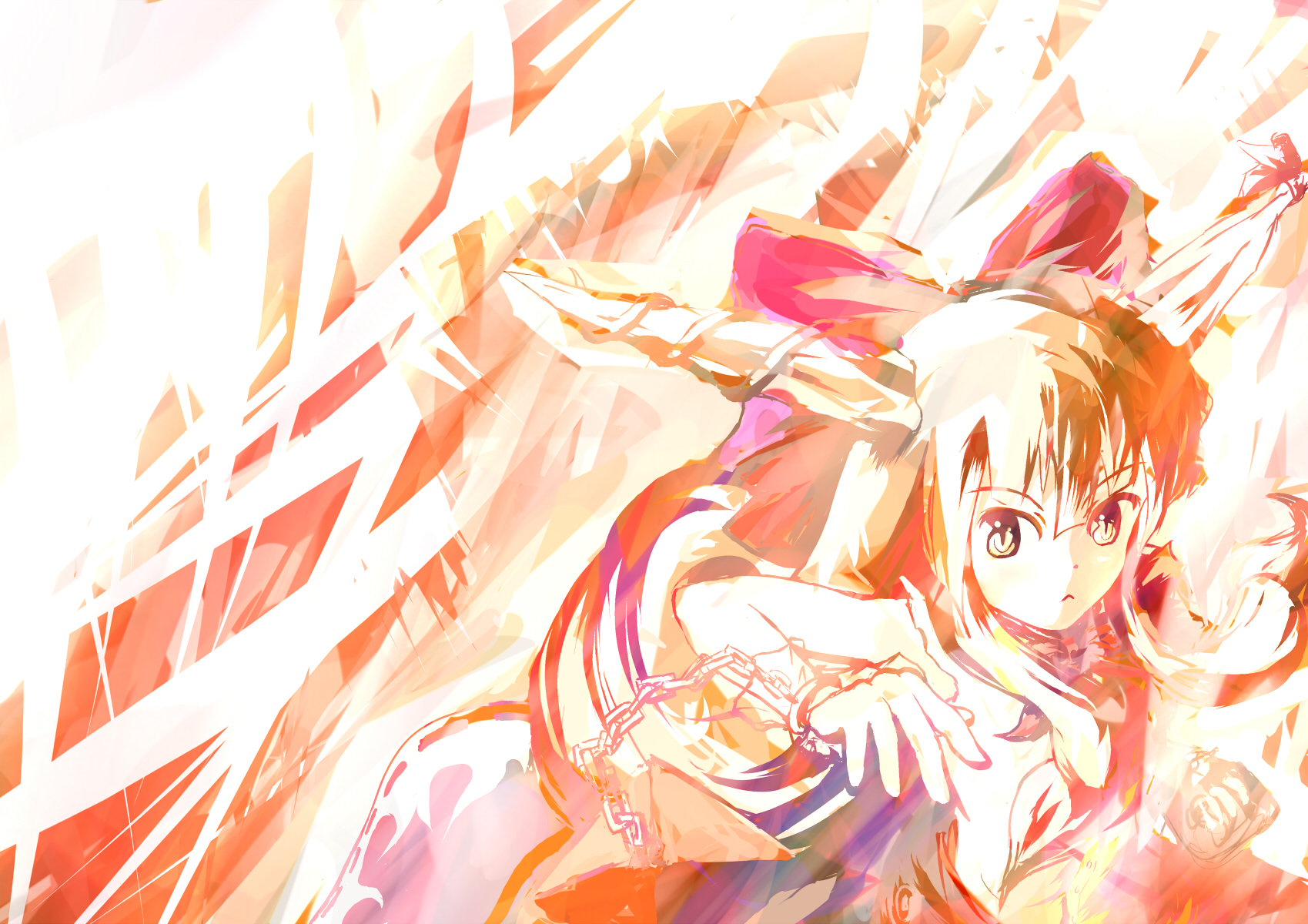 fu kka, ibuki suika, touhou, highres, 1girl, bare shoulders, blue skirt, female focus, horns, long hair, looking at viewer, oni, shirt, skirt, sleeveless, sleeveless shirt, solo, upper body, very long hair, white shirt