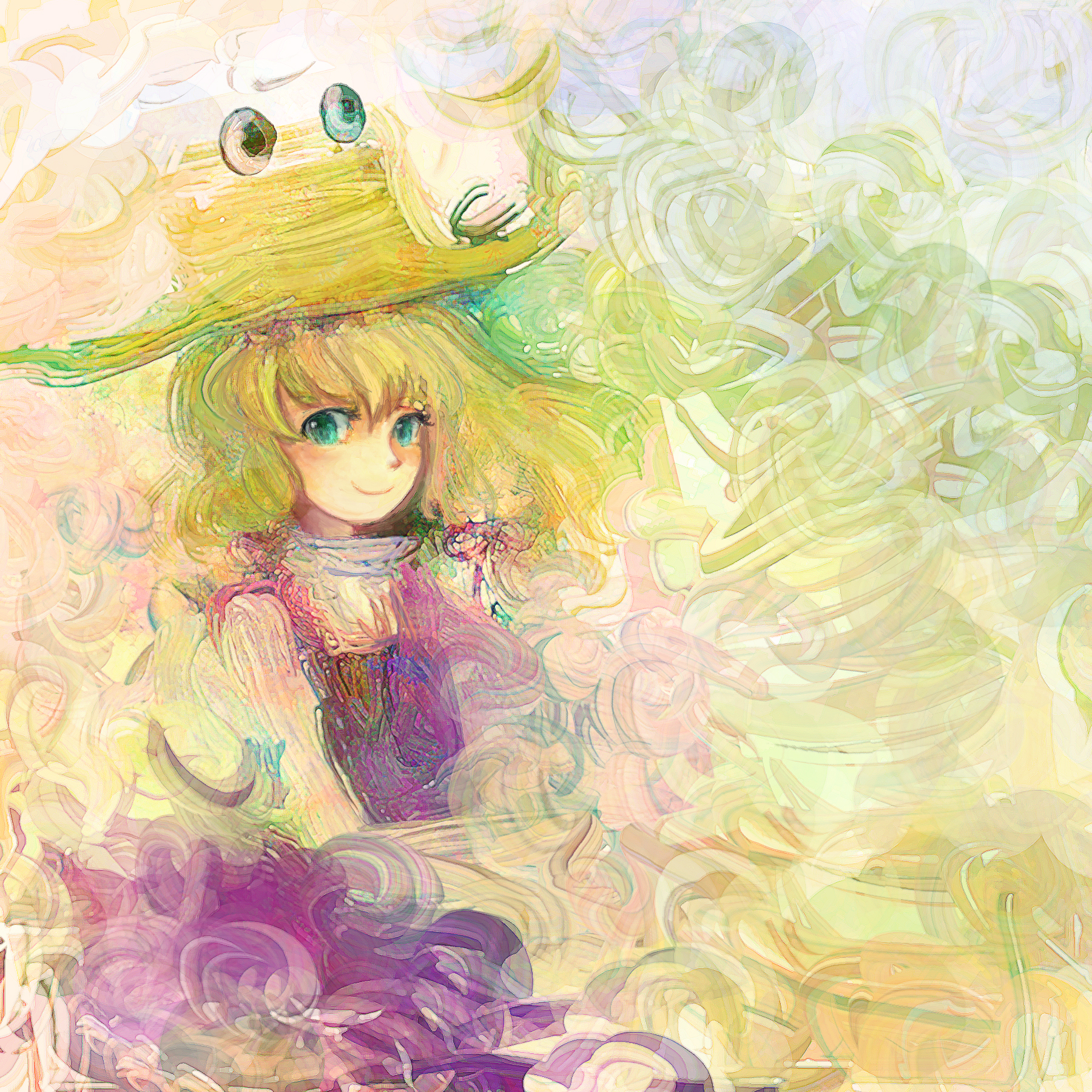 katari, moriya suwako, touhou, highres, 1girl, blonde hair, dress, extra eyes, female focus, green eyes, hat, long hair, long sleeves, looking at viewer, purple dress, solo, very long hair, vest