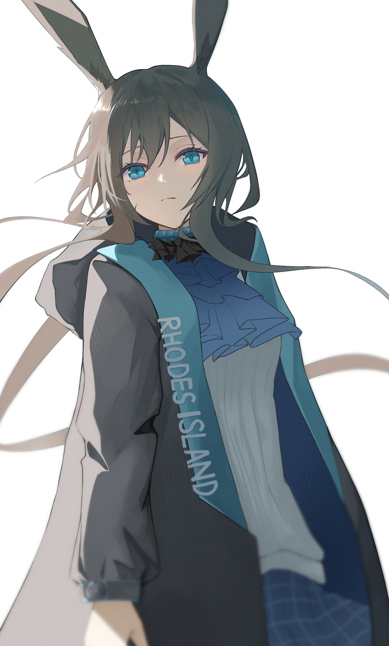 hachimin8 (shrine kyo), amiya (arknights), arknights, commentary request, highres, 1girl, animal ear fluff, animal ears, black jacket, blue eyes, blue skirt, brown hair, closed mouth, floating hair, hair between eyes, hood, hood down, hooded jacket, jacket, long hair, long sleeves, looking at viewer, plaid clothes, plaid skirt, pleated skirt, puffy long sleeves, puffy sleeves, rabbit ears, shirt, simple background, skirt, solo, very long hair, white background, white shirt