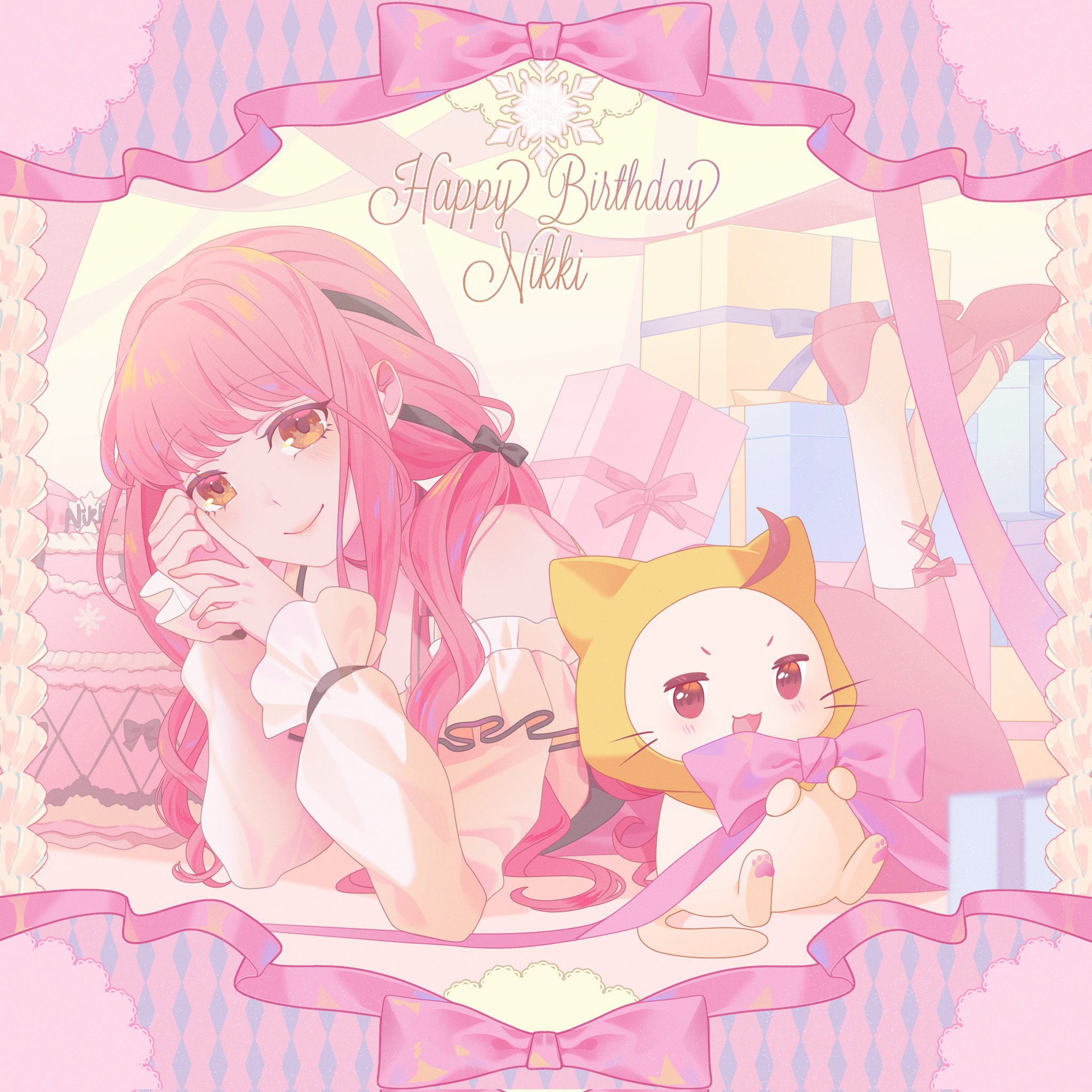 momo (nikki), nikki (nikki), perfect start (infinity nikki), infinity nikki, nikki (series), commentary, hashtag-only commentary, highres, 1girl, ahoge, animal, argyle border, belt, birthday, birthday cake, black belt, black bow, black ribbon, border, bow, bow choker, bow legwear, bowtie, bra strap, brown eyes, cake, cat, character name, choker, cloak, closed mouth, clothed animal, cross-laced socks, dot nose, ear covers, english text, eyelashes, food, frilled shirt, frilled sleeves, frills, full body, gift, hair bow, hair half over shoulder, hair ribbon, hair spread out, hand on own cheek, hand on own face, happy, happy birthday, high heels, holding, holding bow (ornament), hood, hood up, hooded cloak, kneehighs, letterboxed, light blush, lipstick, long hair, long sidelocks, long sleeves, looking at viewer, low twintails, lying, makeup, medium skirt, off-shoulder shirt, off shoulder, on stomach, open mouth, own hands together, pink border, pink bow, pink bowtie, pink choker, pink hair, pink lips, pink shoes, pink skirt, puffy long sleeves, puffy sleeves, pumps, reean, ribbon, shirt, shoes, sidelocks, single stripe, skirt, smile, snowflakes, socks, striped bow, striped bowtie, striped choker, striped clothes, tress ribbon, twintails, very long hair, wavy hair, whiskers, white cat, white shirt, white socks, yellow background, yellow cloak