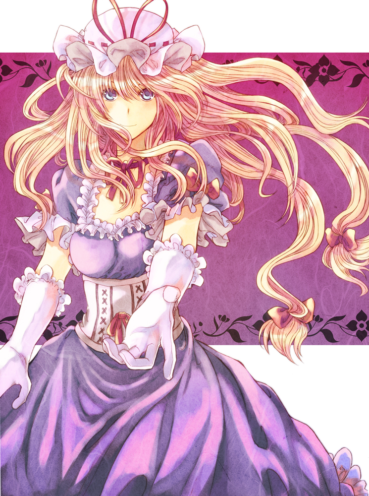 miya (tsumazukanai), yakumo yukari, touhou, bad id, bad pixiv id, 1girl, blonde hair, bow, corset, dress, elbow gloves, female focus, frills, gloves, hair bow, hat, long hair, purple eyes, ribbon, solo