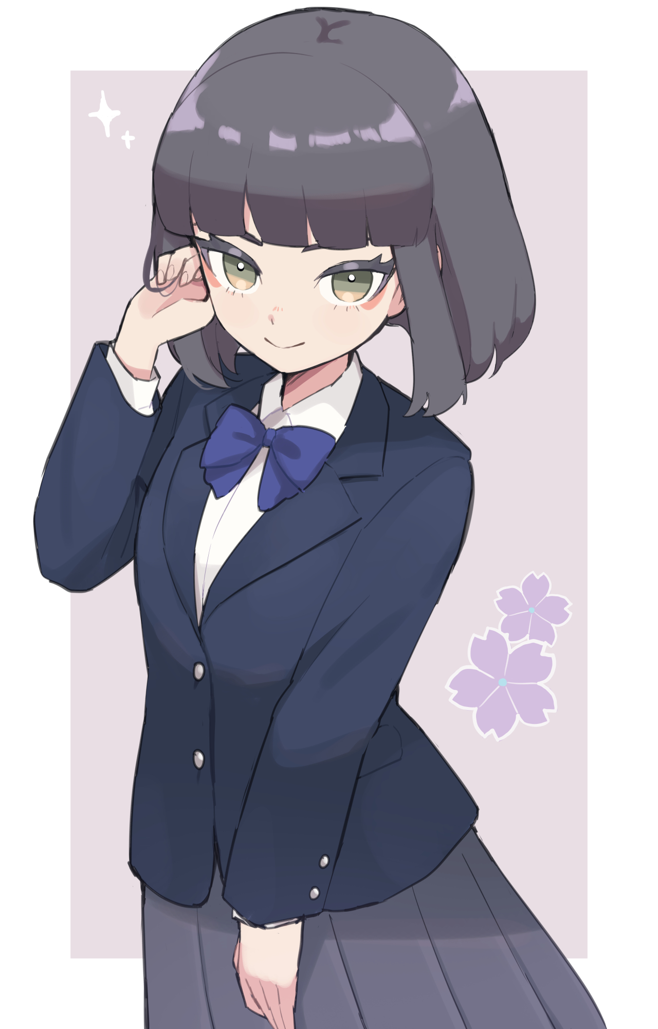 ura (hamburg oniku), inazuma eleven (series), inazuma eleven victory road, commentary request, highres, 1girl, black hair, blazer, blue jacket, bob cut, border, bow, closed mouth, collared shirt, colored eyelashes, dress shirt, floral background, green eyes, grey background, grey skirt, hand up, jacket, long sleeves, looking at viewer, pleated skirt, purple bow, school uniform, shirt, short hair, skirt, smile, solo, white border, white shirt