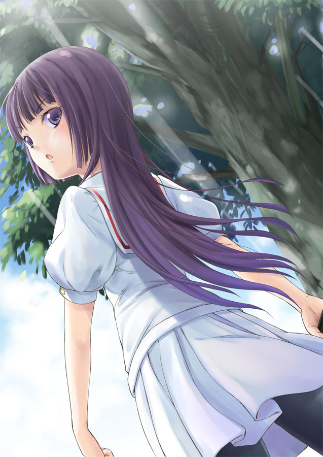 tenkuu nozora, kushinada nemuru, ookamikakushi, bad id, bad pixiv id, blunt bangs, from below, hime cut, long hair, looking back, pantyhose, purple eyes, purple hair, school uniform, skirt, solo, tree