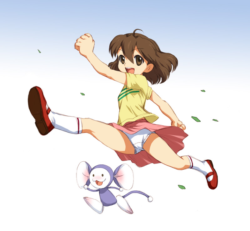 joy ride, chinpui (chinpui), kasuga eri, chinpui, red footwear, 1girl, brown hair, gradient background, happy, jumping, loli, miniskirt, outdoors, panties, pantyshot, shirt, shoes, simple background, skirt, smile, socks, t-shirt, underwear, upskirt, white socks