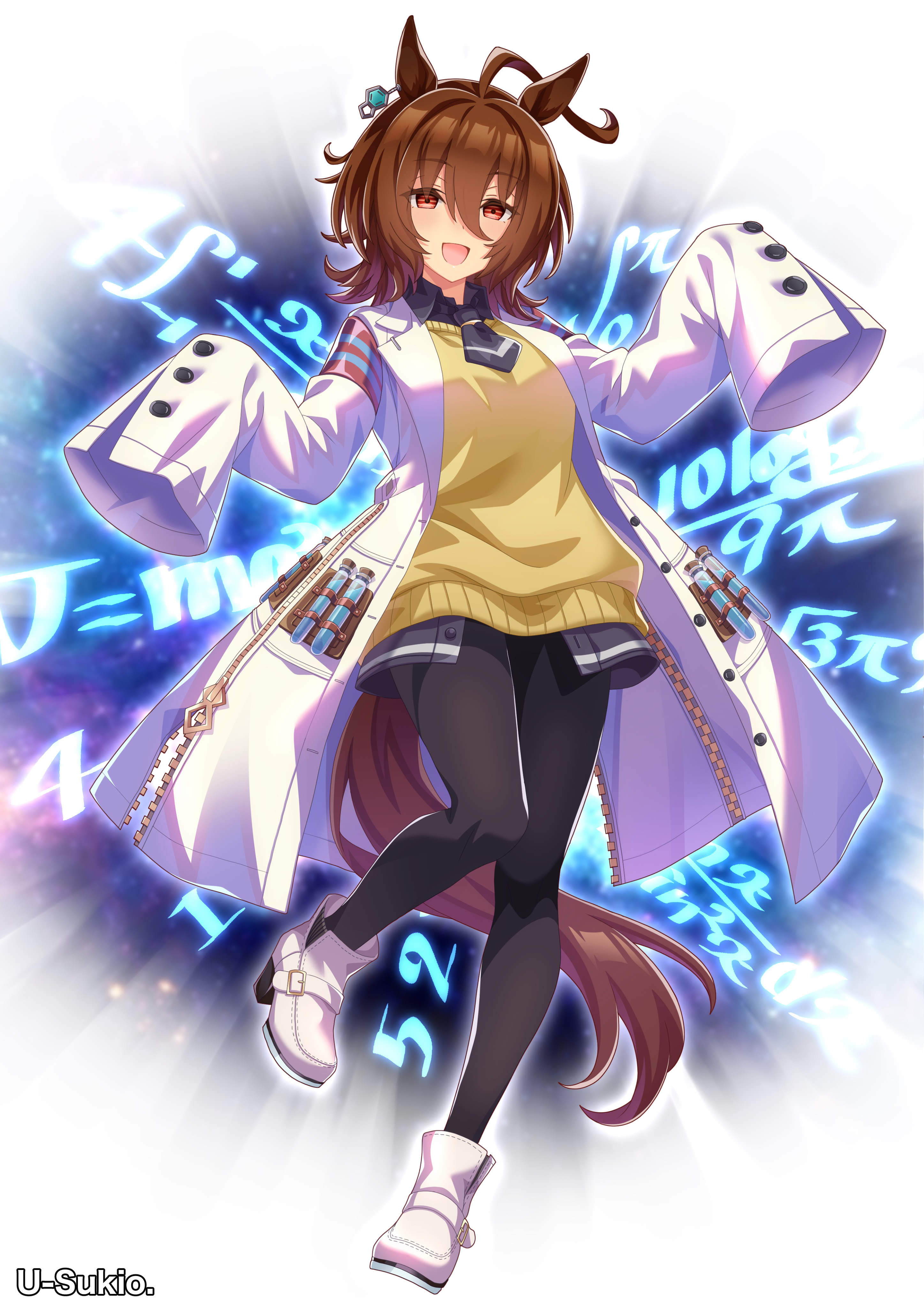 u-sukio., agnes tachyon (tach-nology) (umamusume), agnes tachyon (umamusume), umamusume, absurdres, commentary request, highres, 1girl, :d, ahoge, animal ears, artist name, black necktie, black pantyhose, boots, brown hair, ear ornament, full body, hair between eyes, horse ears, horse girl, horse tail, lab coat, long sleeves, looking at viewer, necktie, open mouth, pantyhose, red eyes, short hair, short necktie, sleeves past fingers, sleeves past wrists, smile, solo, standing, standing on one leg, sweater, tail, test tube, white boots, yellow sweater