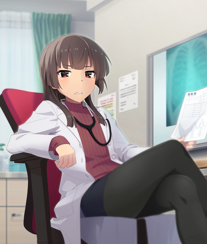 juujou hiyori, toji no miko, toji no miko: kizamishi issen no tomoshibi, game cg, official art, third-party source, 1girl, black pantyhose, blunt ends, blush, brown hair, cabinet, chair, coat, crossed legs, curtains, doctor, dot nose, feet out of frame, flat chest, grimace, holding, holding paper, indoors, lab coat, long sleeves, looking at viewer, note, office chair, open clothes, open coat, pantyhose, paper, red eyes, red shirt, ribbed shirt, shirt, sidelocks, sitting, solo, stethoscope, stethoscope around neck, swivel chair, teeth, white coat, x-ray machine