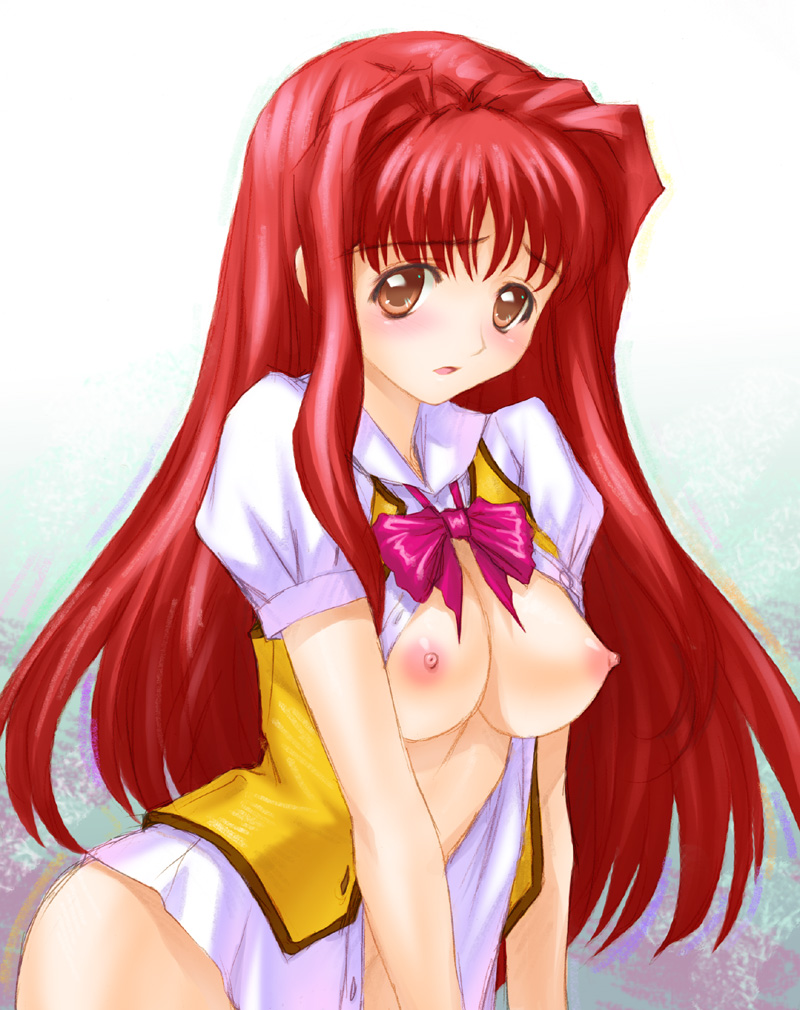 joy ride, orihara sanae, houkago ren-ai club, 1girl, blush, bottomless, bow, bowtie, breasts, brown hair, female focus, gradient background, long hair, nipples, no bra, open clothes, open shirt, red hair, school uniform, shirt, solo