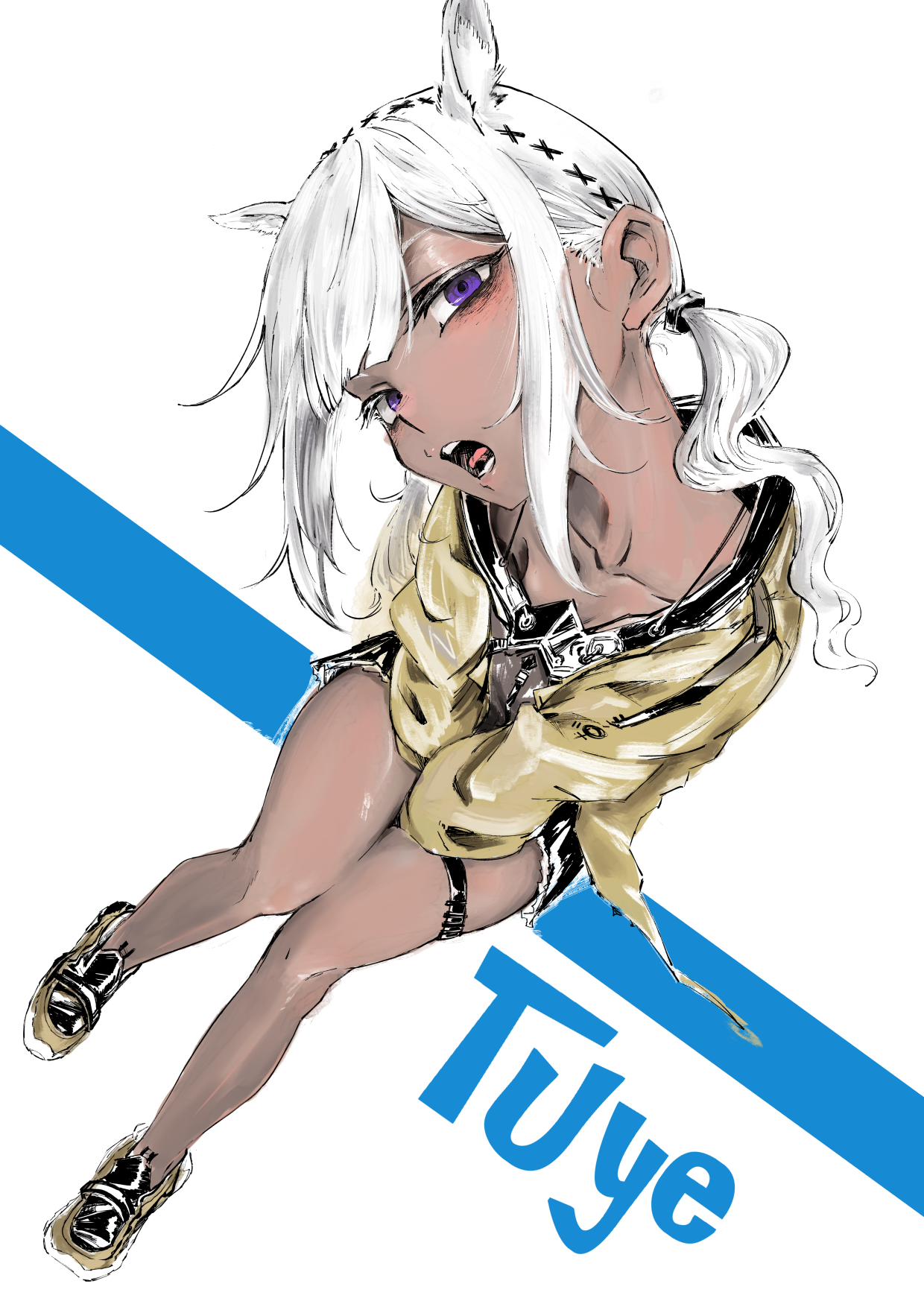 nanbaba, tuye (arknights), arknights, commentary request, highres, 1girl, animal ears, camel ears, camel girl, character name, dark-skinned female, dark skin, hair between eyes, hand between thighs, jacket, long hair, long sleeves, looking at viewer, mask, mask around neck, open mouth, purple eyes, simple background, sitting, solo, teeth, tongue, white hair, yellow jacket