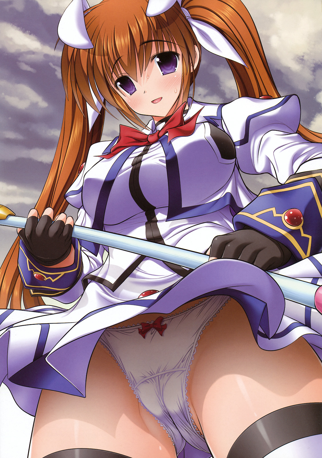 raidon, studio huan, raising heart, takamachi nanoha, takamachi nanoha (aggressor mode), lyrical nanoha, mahou shoujo lyrical nanoha, mahou shoujo lyrical nanoha a's, mahou shoujo lyrical nanoha strikers, uniform, highres, 00s, 1girl, black thighhighs, blouse, blue eyes, blush, bow, bow panties, brown hair, cameltoe, female focus, fingerless gloves, from below, gloves, hair ribbon, lace, lace-trimmed panties, lace trim, long hair, miniskirt, panties, pantyshot, purple eyes, ribbon, shirt, skirt, solo, standing, thighhighs, twintails, underwear, upskirt, white panties