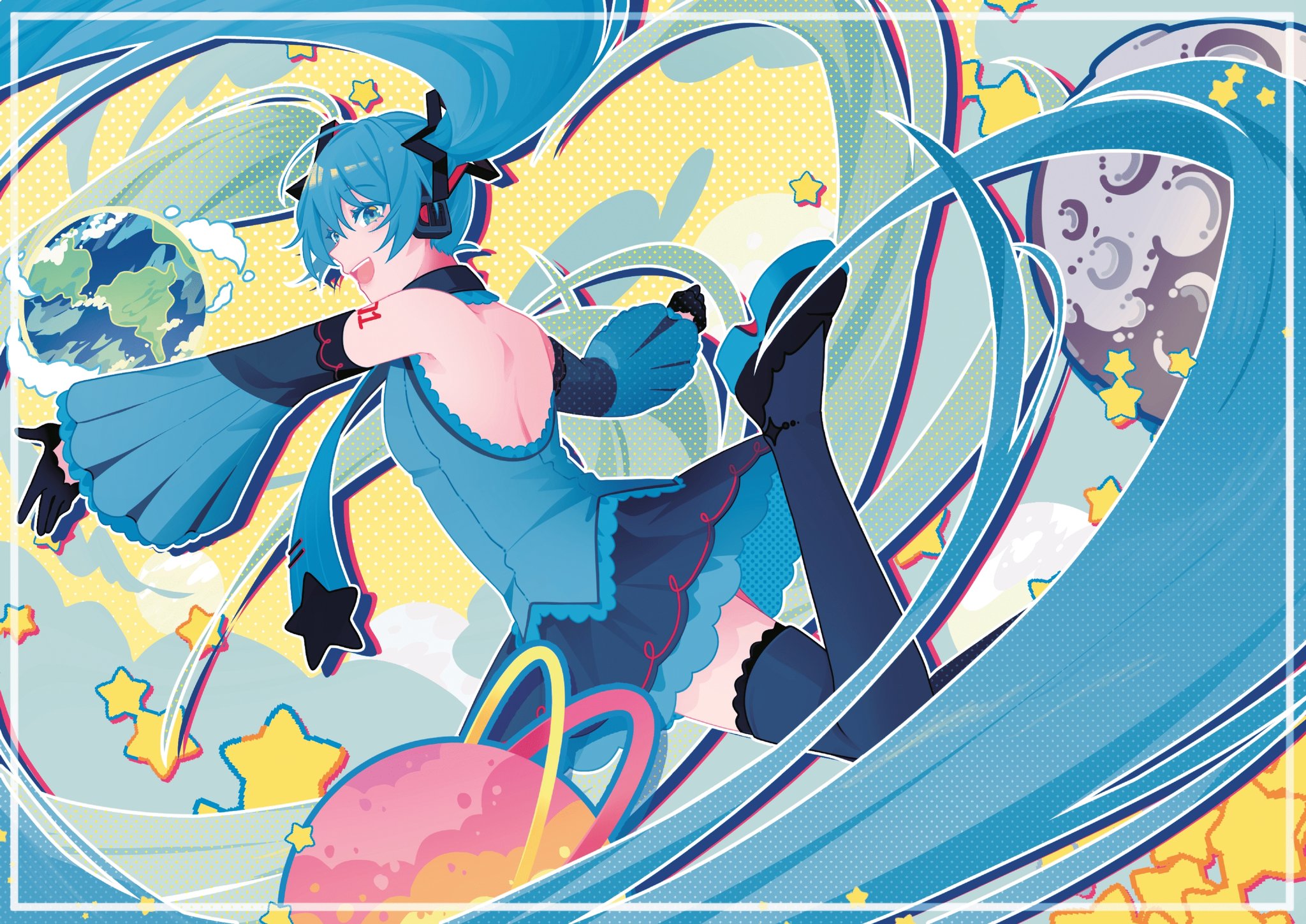 hatsune miku, vocaloid, commentary, english commentary, highres, 1girl, absurdly long hair, adapted costume, aqua hair, aqua sleeves, back cutout, black gloves, black shoes, black skirt, black sleeves, blue eyes, blue hair, blue necktie, blue shirt, blue skirt, circle skirt, clothing cutout, cloud, collared shirt, colored inner hair, detached sleeves, eyelashes, floating clothes, floating hair, frilled skirt, frills, full body, gloves, grey thighhighs, guest art, hair between eyes, hair ornament, halftone, halftone background, happy, headphones, headset, high heels, lace, lace-trimmed shirt, lace-trimmed sleeves, lace-trimmed thighhighs, lace trim, long hair, long sleeves, looking at viewer, miniskirt, moon, multicolored hair, necktie, number tattoo, open mouth, outline, outstretched arms, planet, planetary ring, pleated sleeves, pointy nose, pumps, reean, shirt, shoes, shoulder blades, shoulder tattoo, skirt, sleeveless, sleeveless shirt, smile, solo, star (symbol), star hair ornament, tattoo, teeth, thighhighs, tie clip, twintails, two-sided fabric, two-sided skirt, two-tone hair, two-tone sleeves, upper teeth only, very long hair, white outline, wide sleeves, yellow background