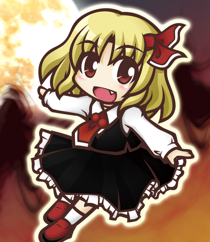 chibitami, rumia, embodiment of scarlet devil, touhou, 1girl, blonde hair, chibi, darkness, fang, female focus, hair ribbon, moon, necktie, outstretched arms, red eyes, red necktie, ribbon, short hair, smile, solo, spread arms