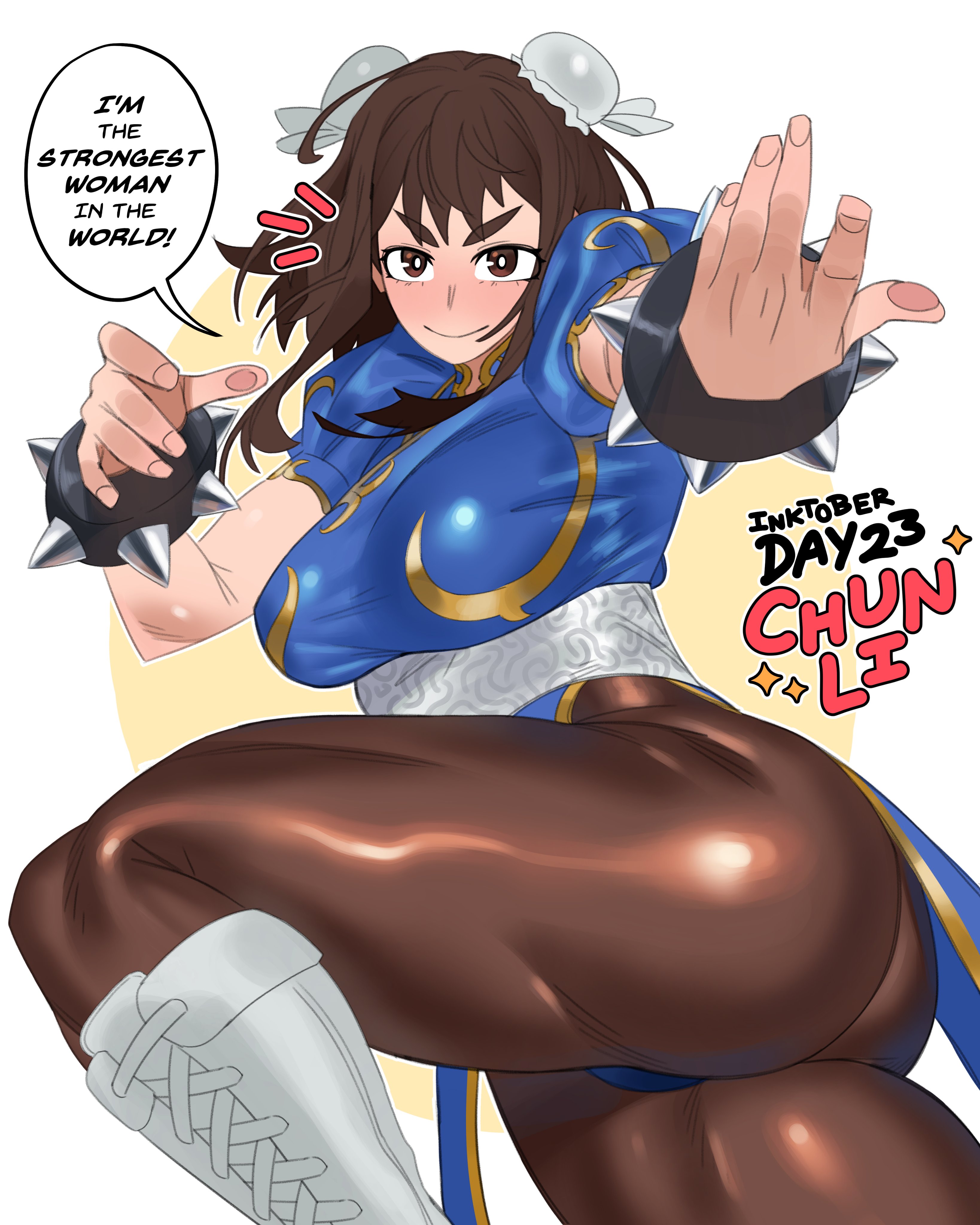 loopvoid, chun-li, uraraka ochako, boku no hero academia, capcom, street fighter, 1girl, ass, blue dress, boots, bracelet, breasts, brown eyes, brown hair, brown pantyhose, china dress, chinese clothes, chun-li (cosplay), cosplay, double bun, dress, english text, female focus, fighting stance, gold trim, hair bun, huge ass, jewelry, large breasts, looking at viewer, matching hair/eyes, pantyhose, puffy short sleeves, puffy sleeves, short hair, short sleeves, smile, solo, speech bubble, spiked bracelet, spikes, thick thighs, thighs, white boots