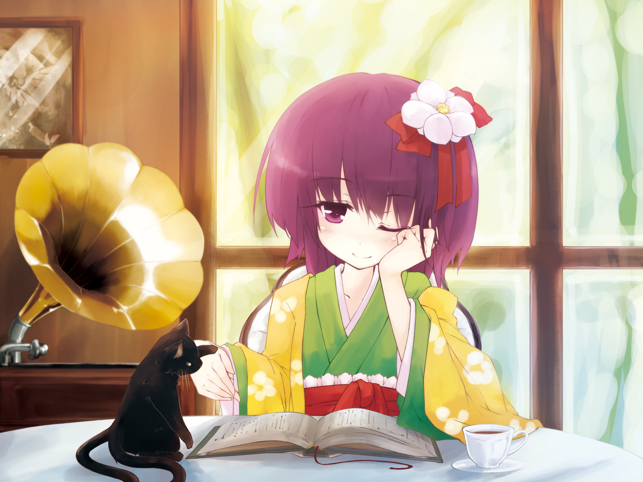 yukitarou (awamori), hieda no akyuu, mystia lorelei, touhou, 1girl, album cover, book, cat, cover, cup, female focus, flower, hair ornament, japanese clothes, kimono, multiple tails, nekomata, one eye closed, phonograph, purple eyes, purple hair, short hair, smile, solo, tail, tea, two tails, wink
