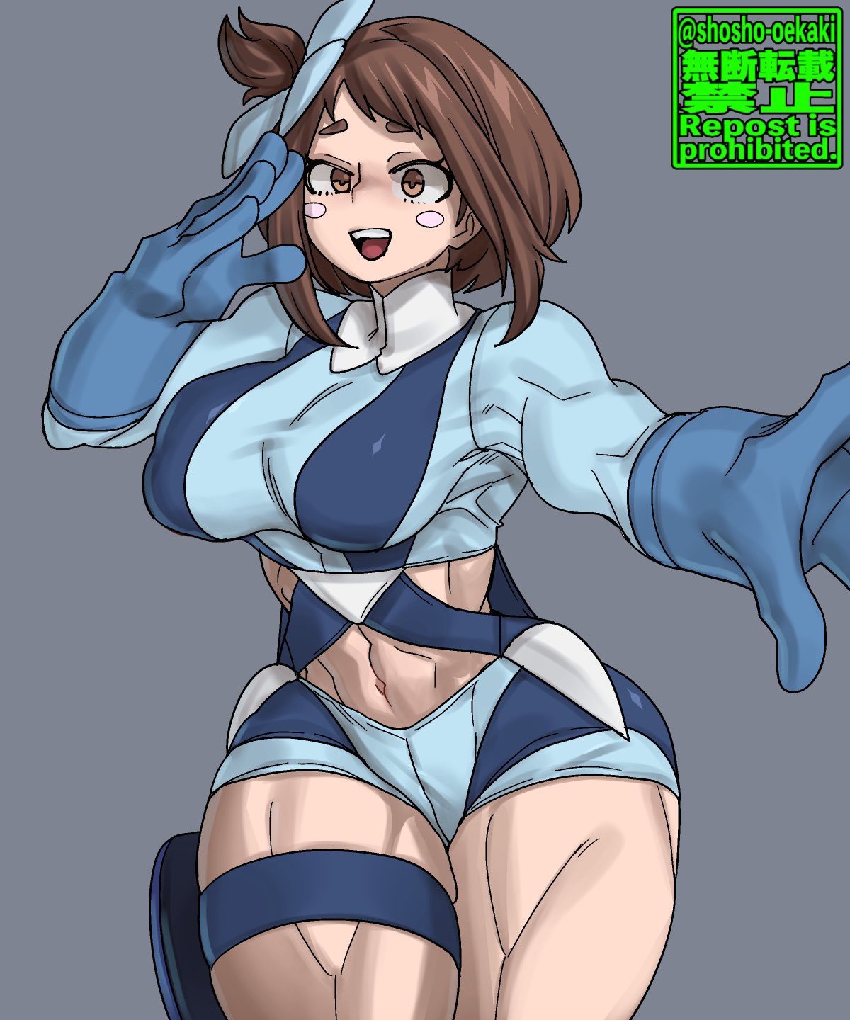 shosho oekaki, skyla (pokemon), uraraka ochako, boku no hero academia, pokemon, pokemon bw, 1girl, artist name, blue jacket, blue shorts, blush stickers, breasts, brown eyes, brown hair, female focus, hair ornament, jacket, large breasts, looking at viewer, matching hair/eyes, official alternate hairstyle, open mouth, shorts, skyla (pokemon) (cosplay), smile, solo, teeth, turtleneck, turtleneck jacket, upper teeth only