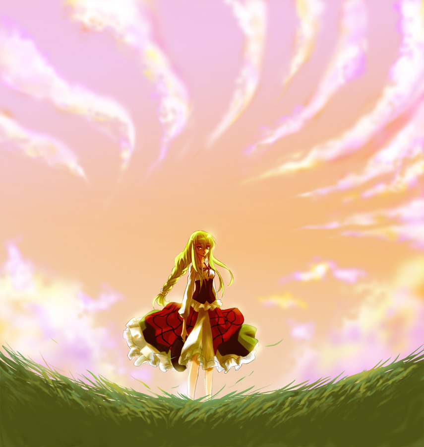 kinutarou, c.c., code geass, bad id, bad pixiv id, 00s, 1girl, dress, female focus, grass, green hair, nature, outdoors, sky, solo