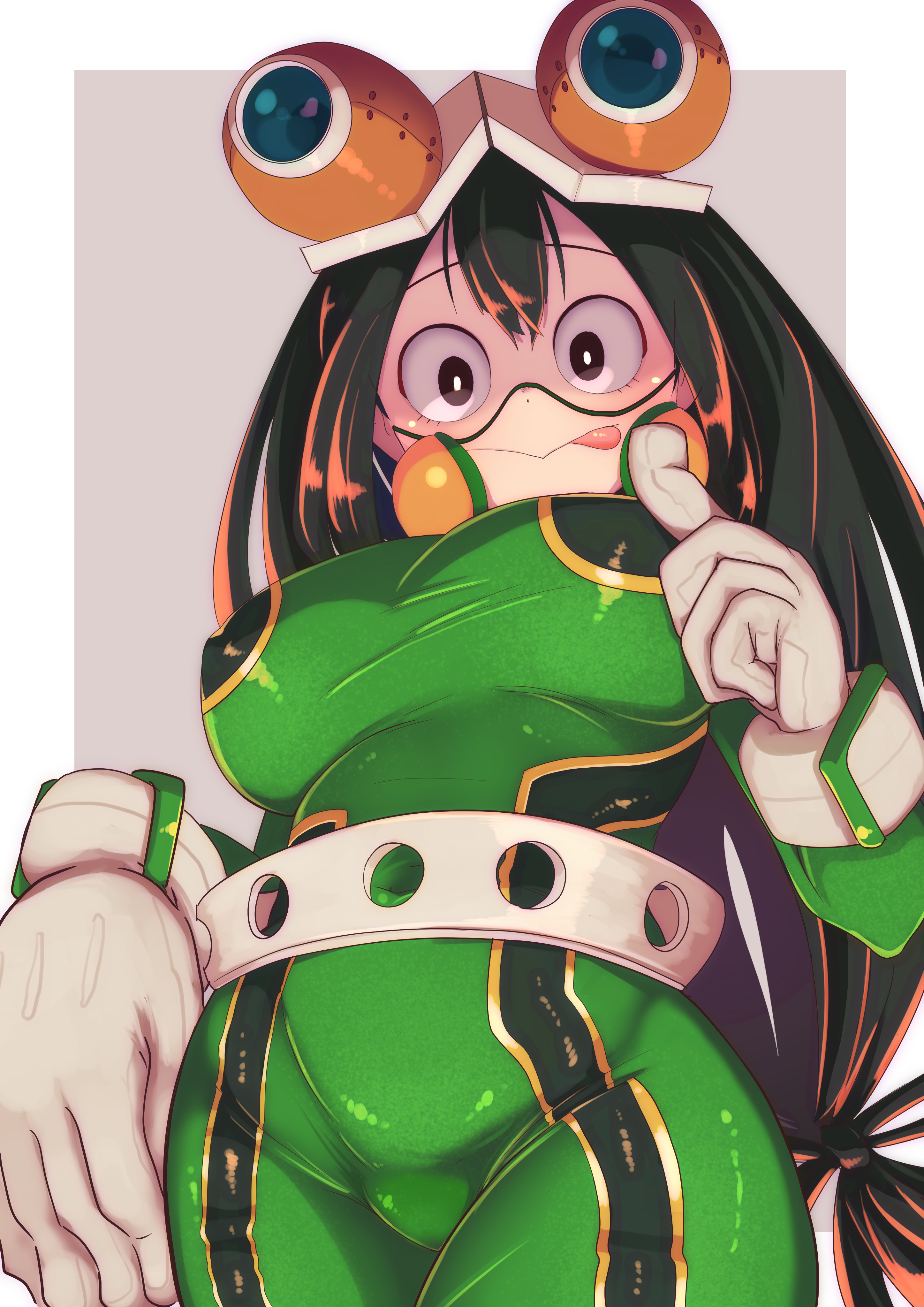 asui tsuyu, boku no hero academia, artist request, 1girl, asui tsuyu (hero outfit), bodysuit, breasts, female focus, gloves, goggles, goggles on head, green bodysuit, green eyes, green hair, hair between eyes, long hair, looking at viewer, low-tied long hair, matching hair/eyes, smile, solo, superhero costume, tongue, tongue out, white gloves