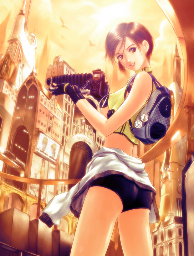 s zenith lee, original, 1girl, backpack, bag, bare shoulders, bike shorts, breasts, camera, cityscape, covered erect nipples, female focus, gloves, midriff, outdoors, randoseru, short hair, sky, small breasts, solo
