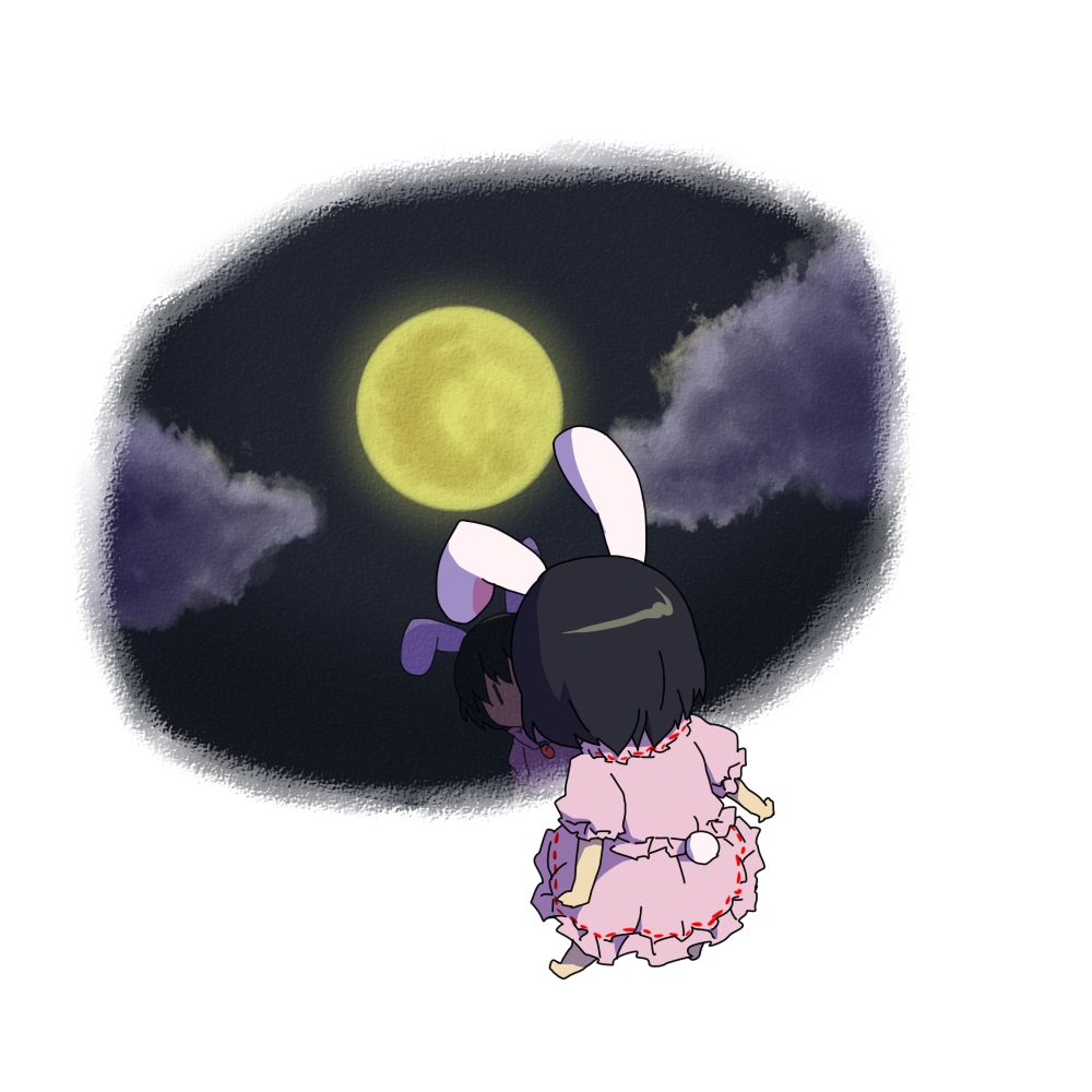 yamabuki (yusuraume), inaba tewi, touhou, 1girl, animal ears, barefoot, brown hair, chibi, dress, female focus, from above, moon, pink dress, rabbit ears, rabbit girl, rabbit tail, reflection, simple background, solo, tail, | |