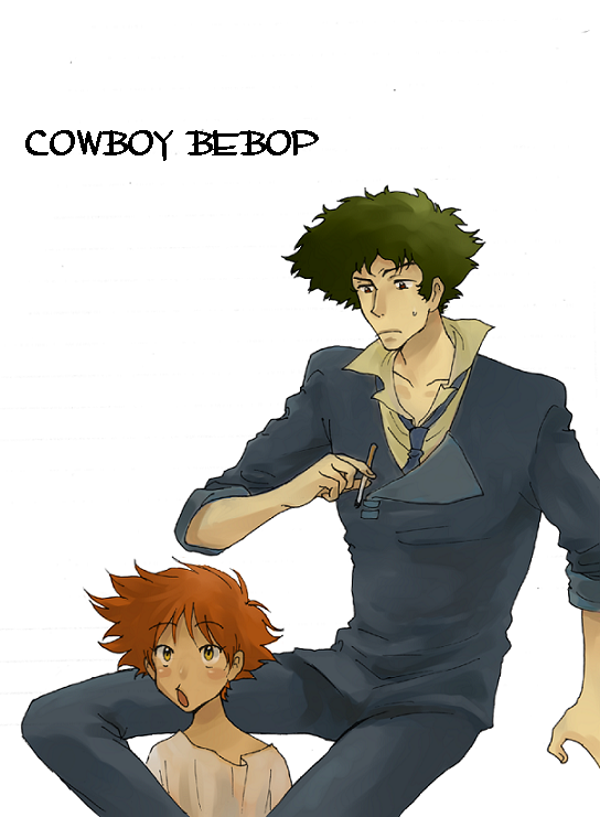 hirako waka, edward wong hau pepelu tivrusky iv, spike spiegel, cowboy bebop, bad id, bad pixiv id, 1990s (style), 1boy, 1girl, cigarette, green hair, necktie, open mouth, orange hair, red eyes, retro artstyle, short hair, smoking, spike/ed, sweatdrop, yellow eyes