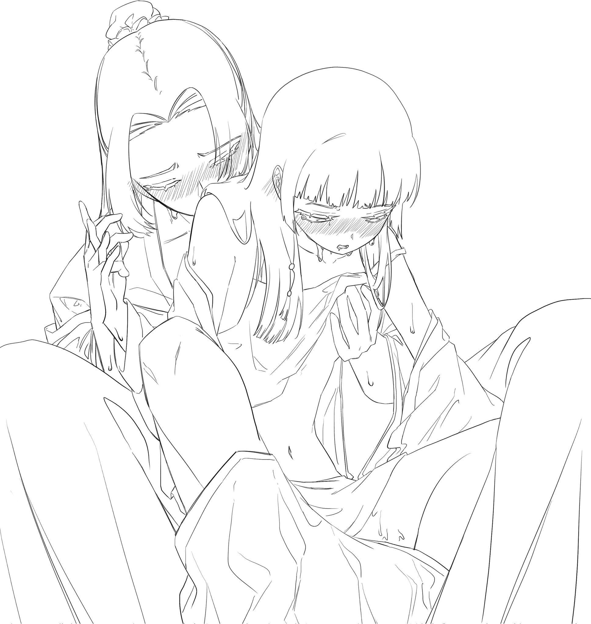 jinshi (kusuriya no hitorigoto), maomao (kusuriya no hitorigoto), kusuriya no hitorigoto, commentary request, highres, korean commentary, 1boy, 1girl, beads, blunt bangs, blush, breasts, bun cover, closed eyes, clothes lift, drooling, ear blush, feet out of frame, greyscale, hair beads, hair bun, hair ornament, half-closed eyes, half updo, hands on another's chest, hetero, holding hands, implied sex, interlocked fingers, lineart, long hair, midriff, monochrome, mouth drool, navel, nyangnyang19770, open clothes, parted bangs, parted lips, shirt lift, small breasts, sweat, white background