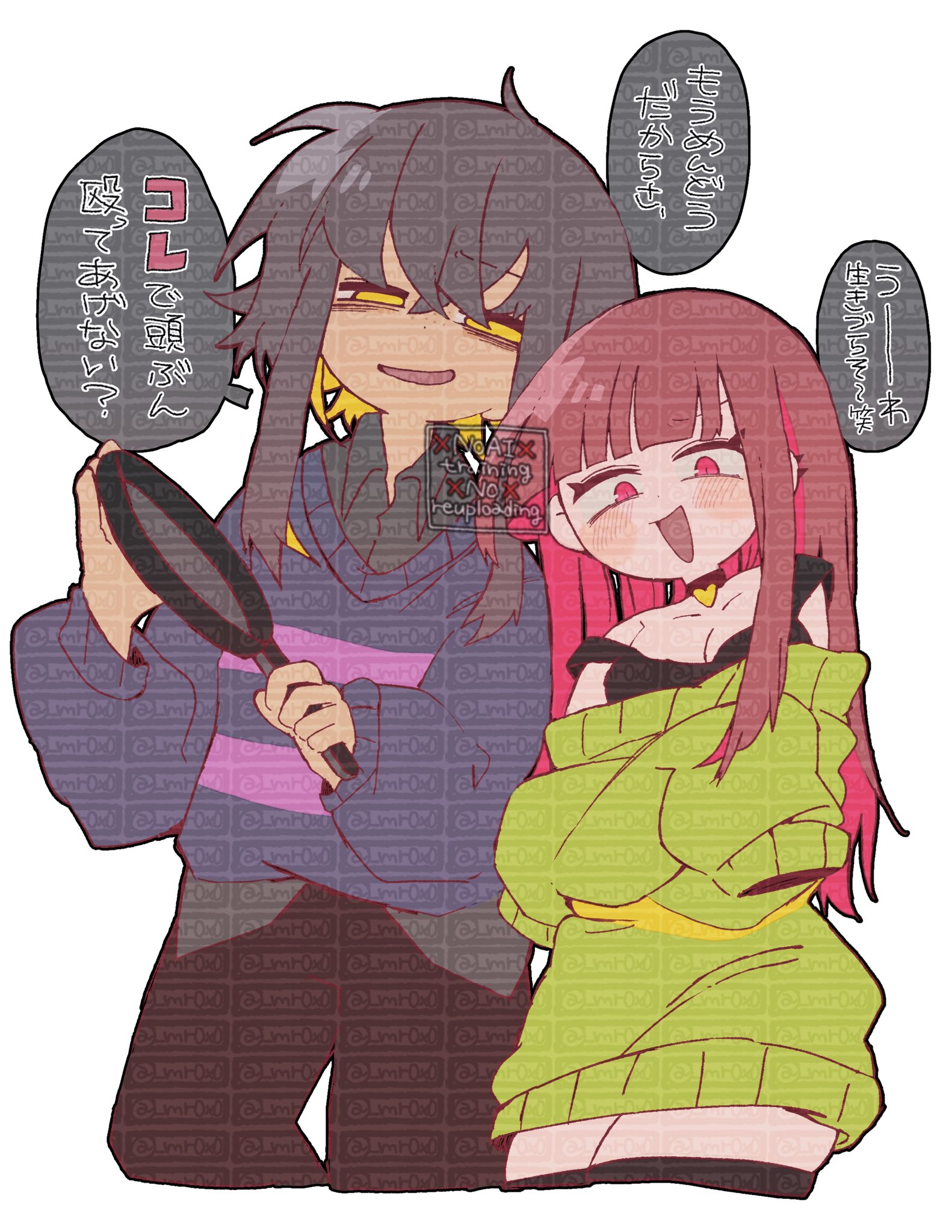 mr0x0, chara (undertale), frisk (undertale), undertale, utdr (toby fox), highres, translation request, 1boy, 1girl, black choker, black dress, black hair, black pants, blonde hair, blue sweater, blush, brown hair, choker, collared shirt, colored inner hair, colored speech bubble, dress, ear piercing, frying pan, genderswap, genderswap (otf), genderswap (otm), green sweater, heart, heart choker, holding, holding frying pan, looking at another, looking at viewer, multicolored hair, pants, piercing, purple sweater, red eyes, red hair, shirt, speech bubble, striped clothes, striped sweater, sweater, sweater dress, thighhighs, too many watermarks, watermark, watermark grid, yellow eyes, yellow sweater