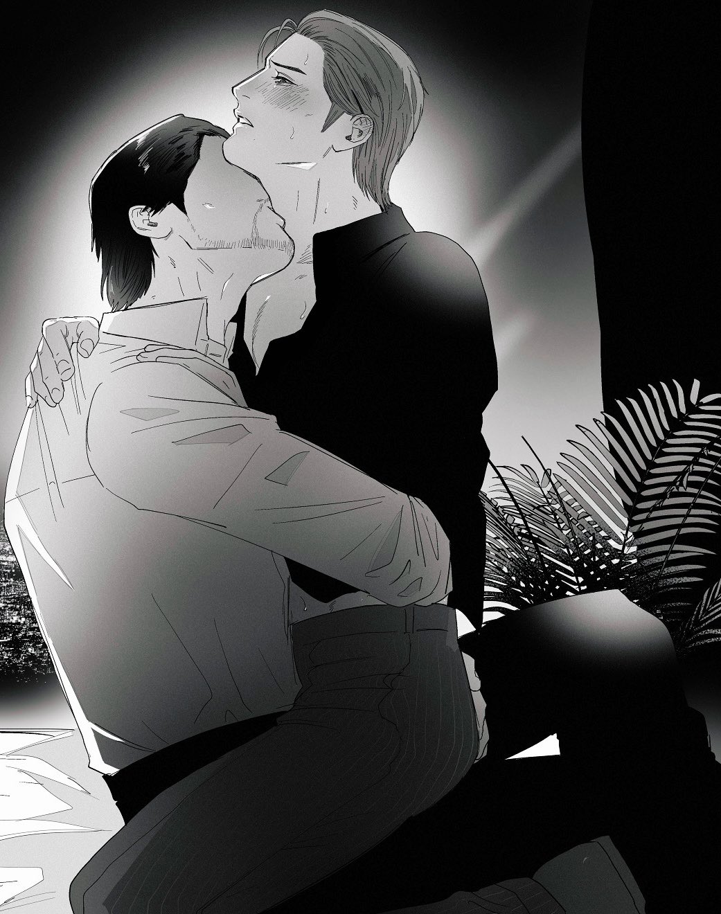 dojima daigo, mine yoshitaka, ryuu ga gotoku (series), ryuu ga gotoku 3, commentary request, highres, 2boys, ahoge, beard, blush, clothes lift, couple, dress shirt, facial hair, fern, grabbing another's ass, greyscale, groping, hair slicked back, hand in another's pants, kiss, kissing neck, male focus, midriff peek, monochrome, mullet, multiple boys, no jacket, no necktie, pants, partially unbuttoned, pectoral cleavage, pectorals, pinstripe pants, pinstripe pattern, shirt, shirt lift, sitting, sitting on lap, sitting on person, sweat, tyag53, yaoi