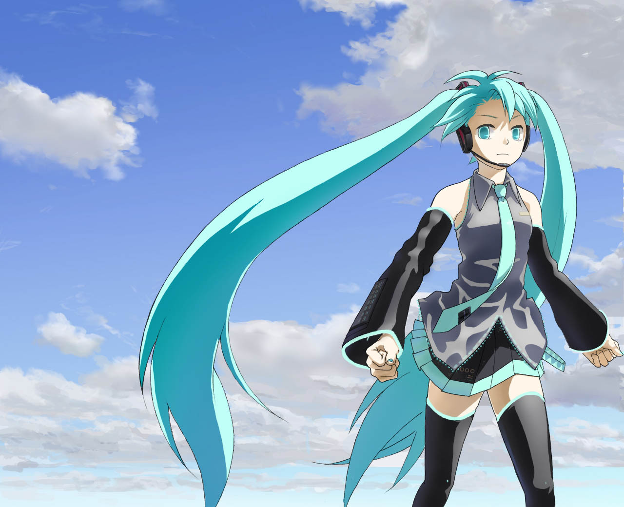 gyafun, gyafun (piapro), hatsune miku, vocaloid, 1girl, aqua eyes, aqua hair, cloud, day, detached sleeves, female focus, headphones, headset, long hair, necktie, skirt, sky, solo, thighhighs, twintails, very long hair, zettai ryouiki
