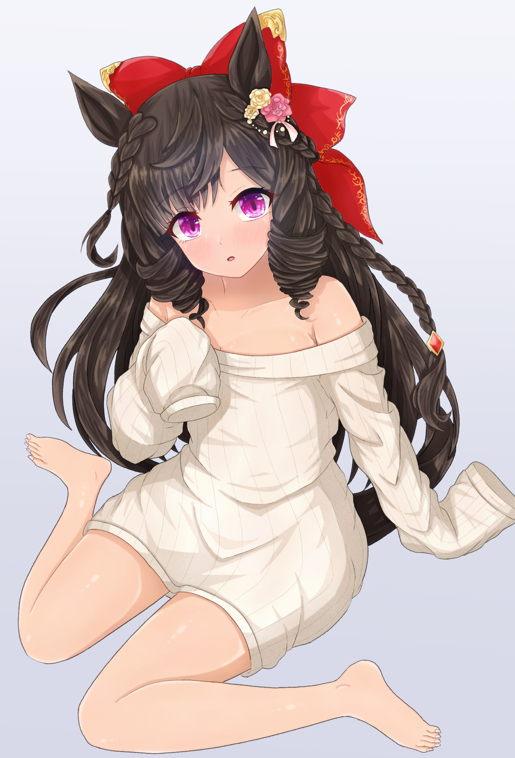 m172/minatsu, daiichi ruby (umamusume), umamusume, absurdres, commentary request, highres, 1girl, alternate costume, animal ears, barefoot, blush, bow, braid, breasts, brown hair, drill hair, horse ears, horse girl, horse tail, long hair, looking at viewer, off-shoulder sweater, off shoulder, parted lips, pink eyes, red bow, simple background, sitting, sleeves past fingers, sleeves past wrists, small breasts, solo, sweater, tail, very long hair, white background, white sweater, yokozuwari