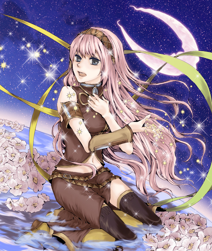 kitaha, megurine luka, vocaloid, 1girl, aqua eyes, boots, female focus, flower, headphones, long hair, midriff, moon, navel, night, outdoors, pink hair, ribbon, sitting, skirt, sky, solo, thighhighs, water
