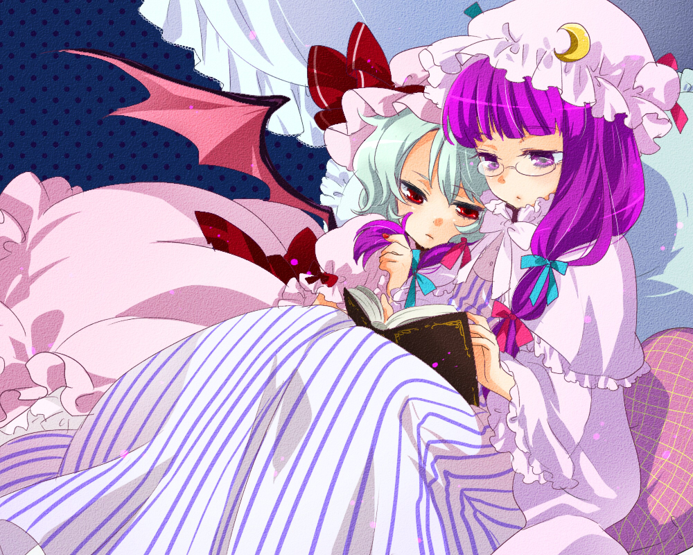 machiko (beard), patchouli knowledge, remilia scarlet, embodiment of scarlet devil, touhou, bad id, bad pixiv id, 2girls, bespectacled, book, female focus, glasses, multiple girls