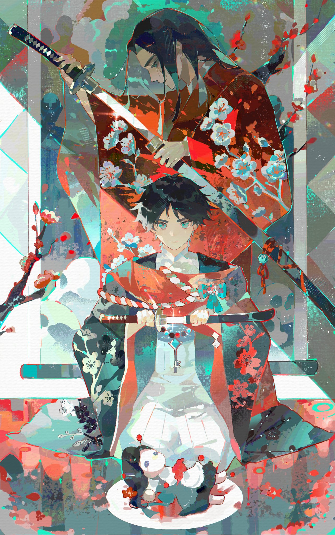 eren yeager, shingeki no kyojin, commentary request, highres, 2boys, age progression, black hair, black haori, doll, drawing sword, facial mark, flower, green eyes, half-closed eyes, haori, holding, holding sword, holding weapon, japanese clothes, katana, kneeling, long hair, male focus, multiple boys, red flower, red haori, short hair, short sword, sword, voodoo doll, weapon, wide sleeves, xiyaa291325