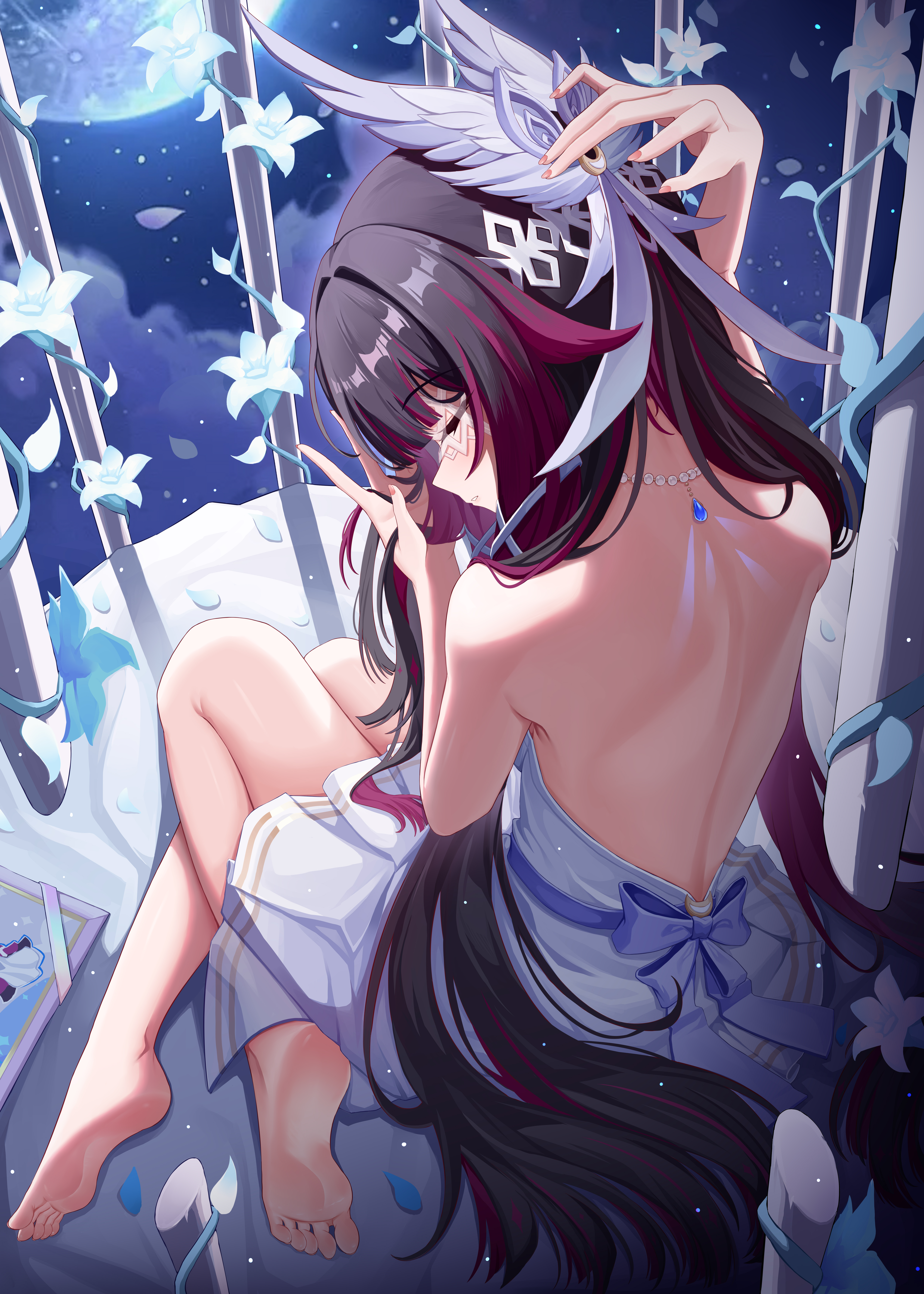 aichinaigai, columbina (genshin impact), genshin impact, absurdres, commentary request, highres, 1girl, arm up, back, bare legs, bare shoulders, barefoot, birdcage, black hair, cage, closed eyes, closed mouth, colored inner hair, dress, eye mask, feet, fingernails, from above, from behind, hair ornament, hand up, legs, long hair, mask, median furrow, multicolored hair, purple hair, shoulder blades, sitting, soles, solo, streaked hair, toes, very long hair, white dress, wing hair ornament, yokozuwari